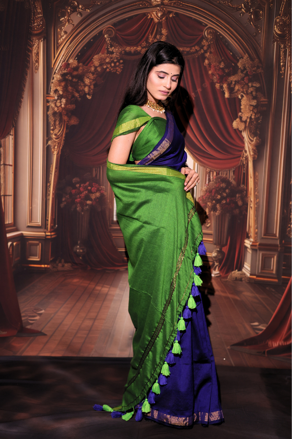 Neelambari - Royal Blue Modal Cotton Saree with Parrot Green Zari Contrast & Tassels