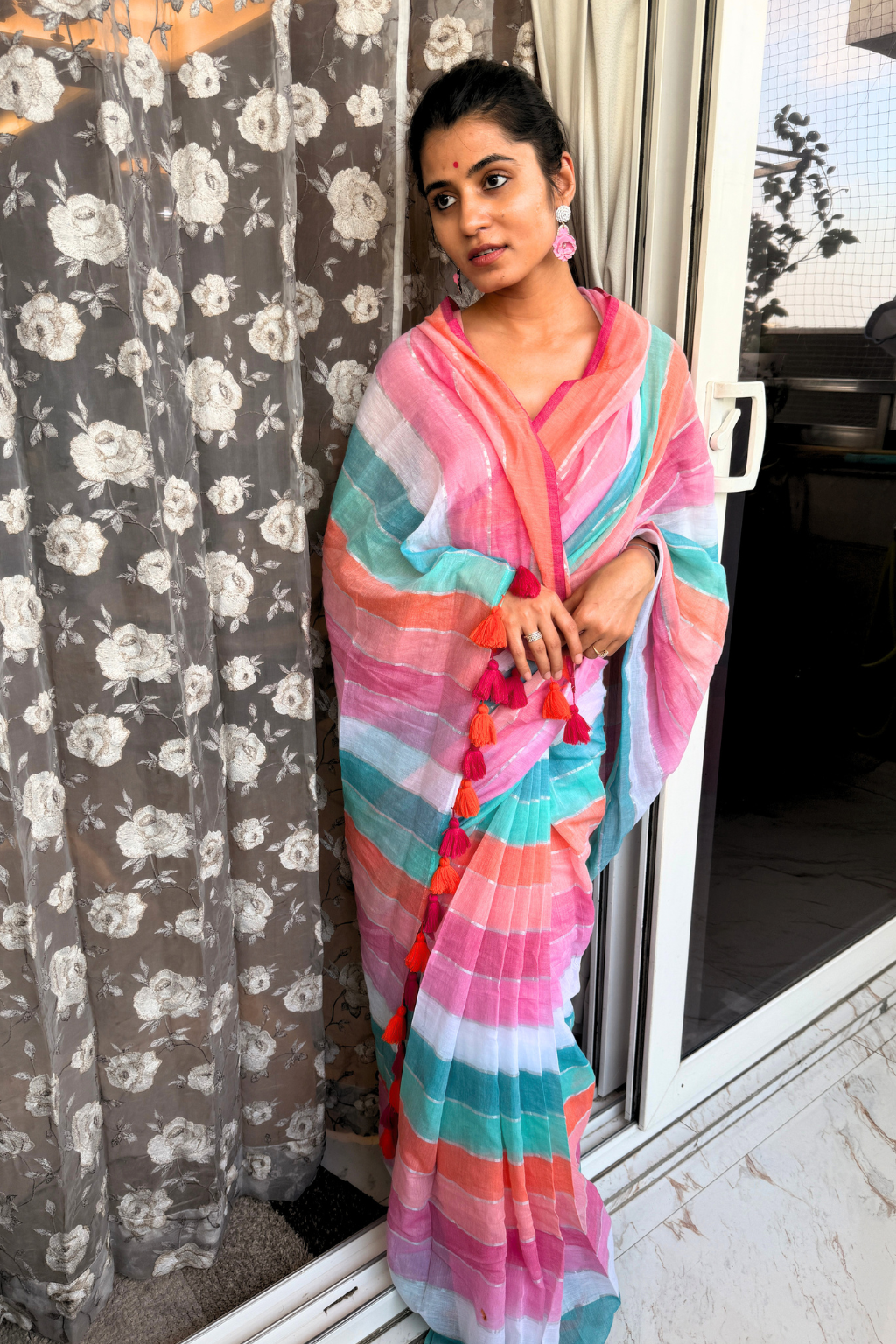 Rangeen Roopa - Pink & Turquoise Multi-Color Mul Cotton Saree