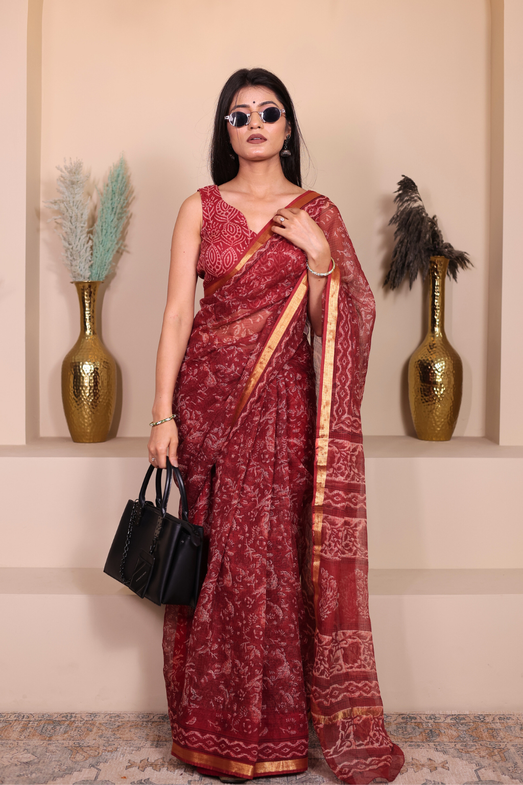 Suhani – Rich Maroon Kota Doria with Delicate Floral Jaal Prints