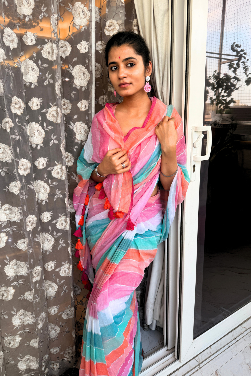 Rangeen Roopa - Pink & Turquoise Multi-Color Mul Cotton Saree
