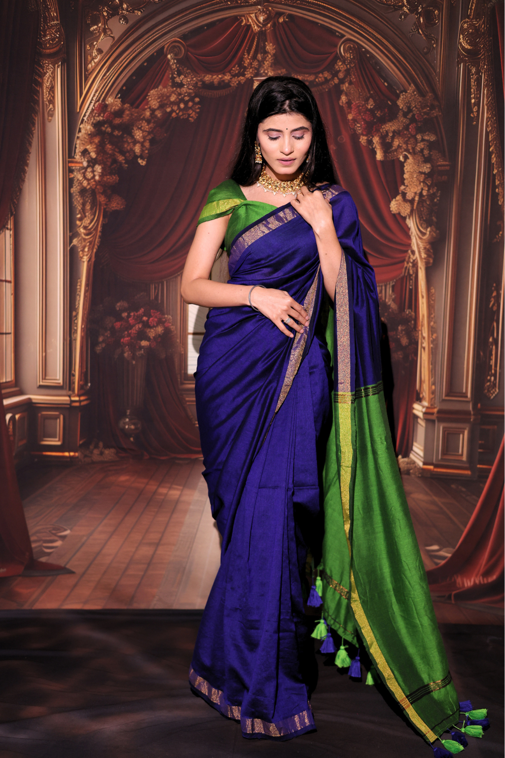 Neelambari - Royal Blue Modal Cotton Saree with Parrot Green Zari Contrast & Tassels