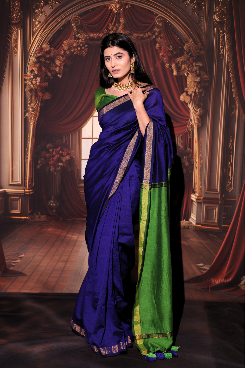 Neelambari - Royal Blue Modal Cotton Saree with Parrot Green Zari Contrast & Tassels