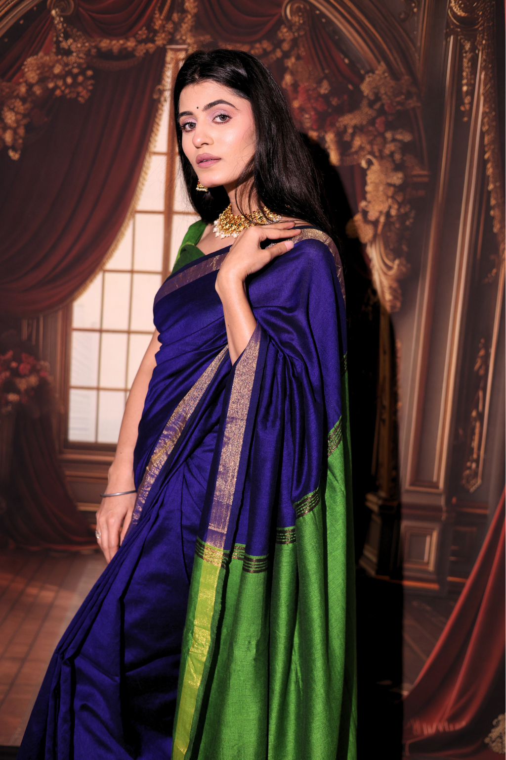 Neelambari - Royal Blue Modal Cotton Saree with Parrot Green Zari Contrast & Tassels