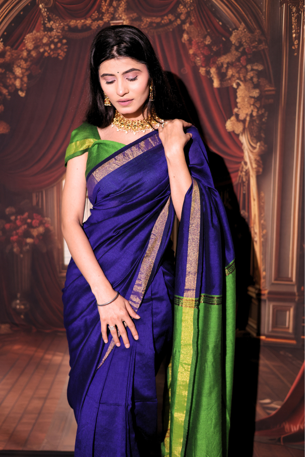 Neelambari - Royal Blue Modal Cotton Saree with Parrot Green Zari Contrast & Tassels