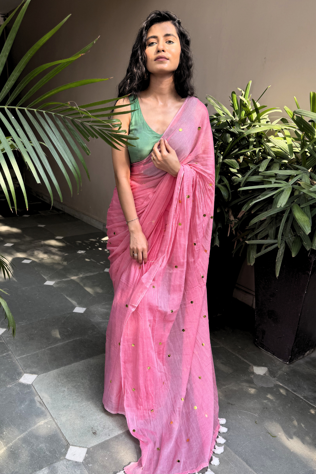 Srivalli - Blossom Pink Saree with Scattered Gold Sequins