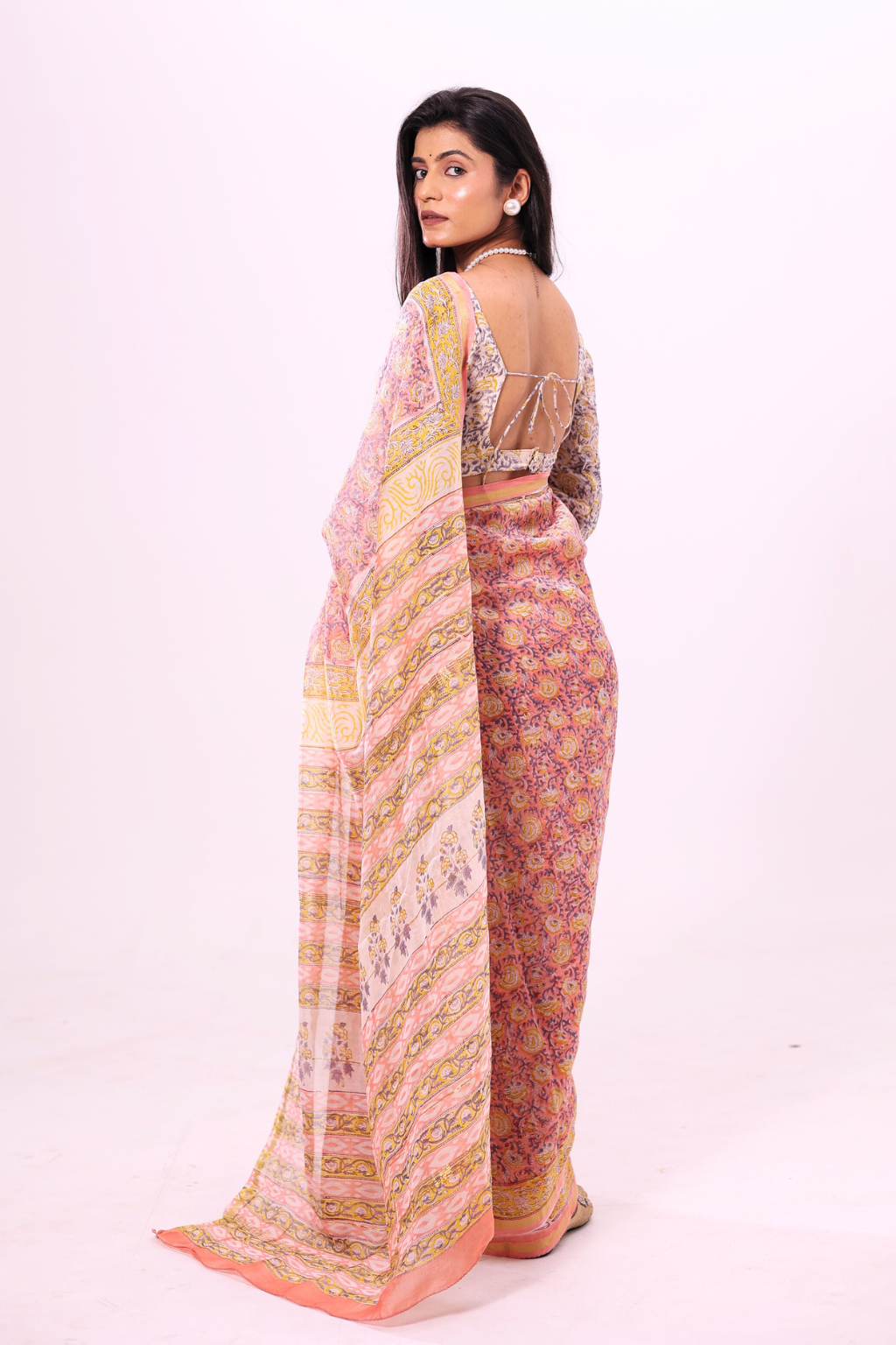 Hansika – Peach Chanderi Silk Saree with Pastel Floral Block Prints