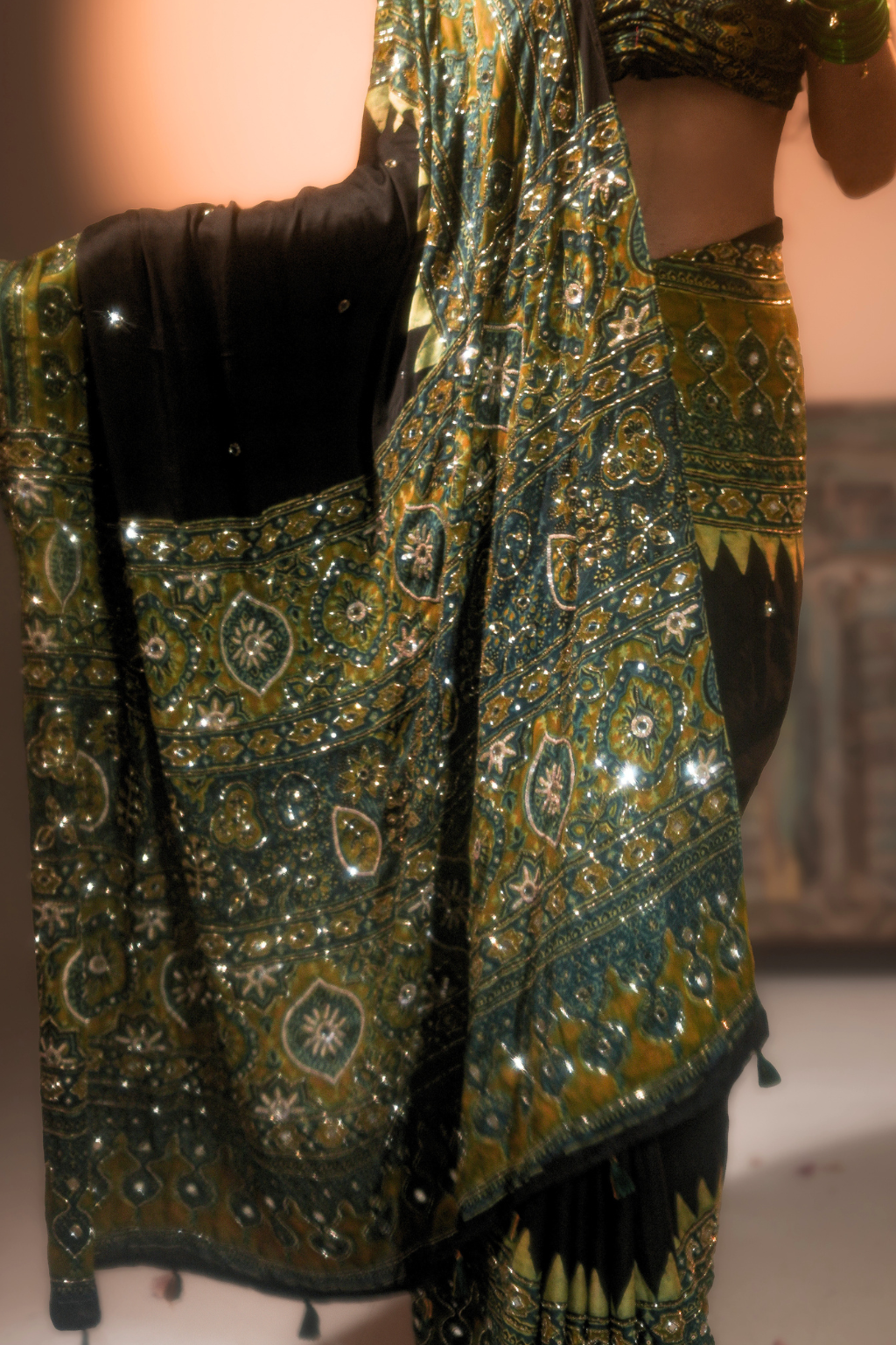 Heena - Handcrafted Ajrakh Saree with Real Mirror, Sequin & Cut-Dana Work