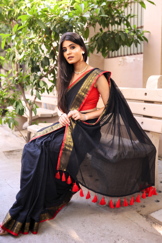 Nisha - Midnight Black Mul Cotton Saree