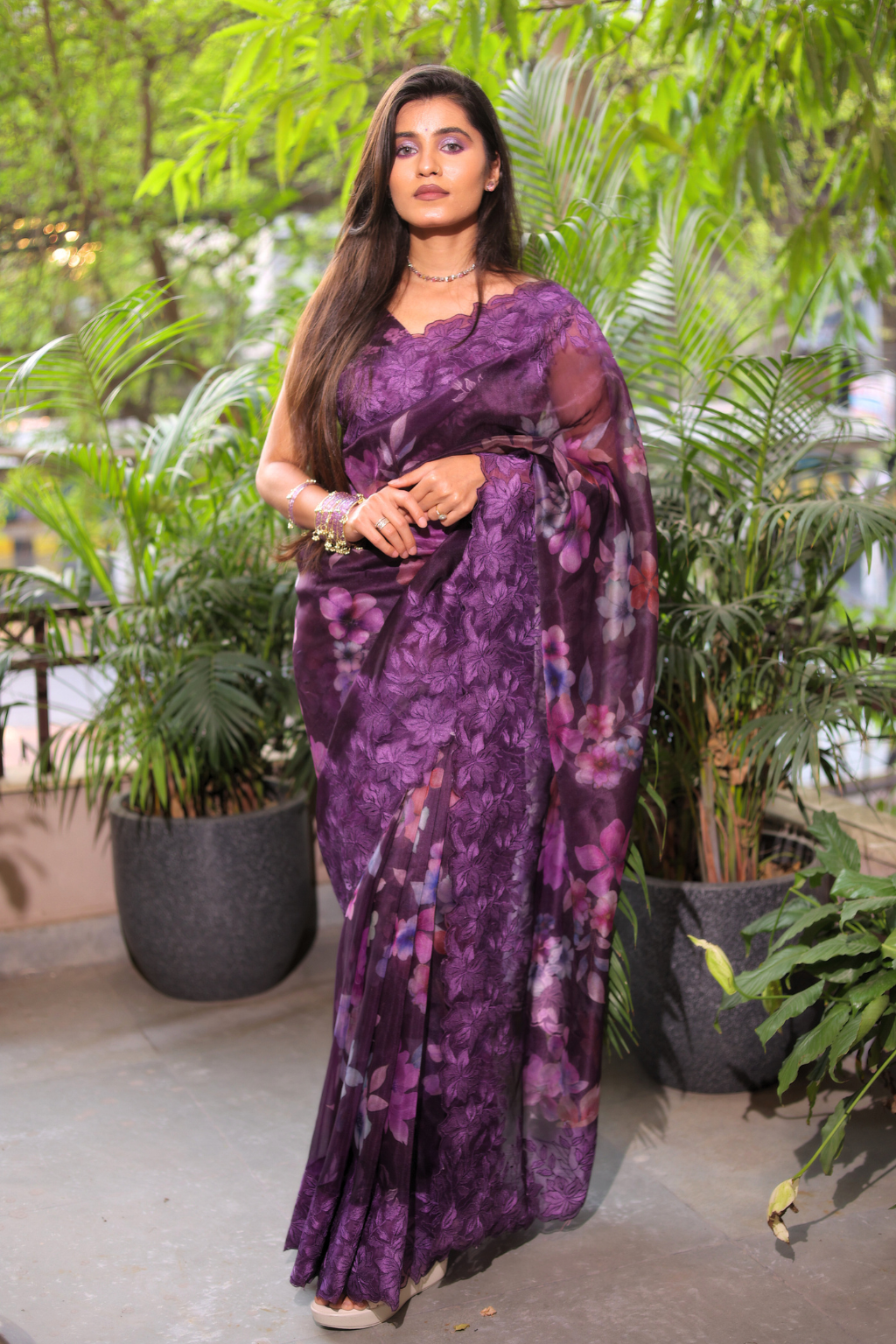 Gul-e-Bahar - Deep Purple Floral Kora Organza Saree with Scalloped Embroidery