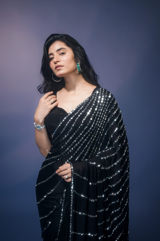 Sheesh Aaina - Jet Black Chinon Saree with Real Handcrafted Mirror Work