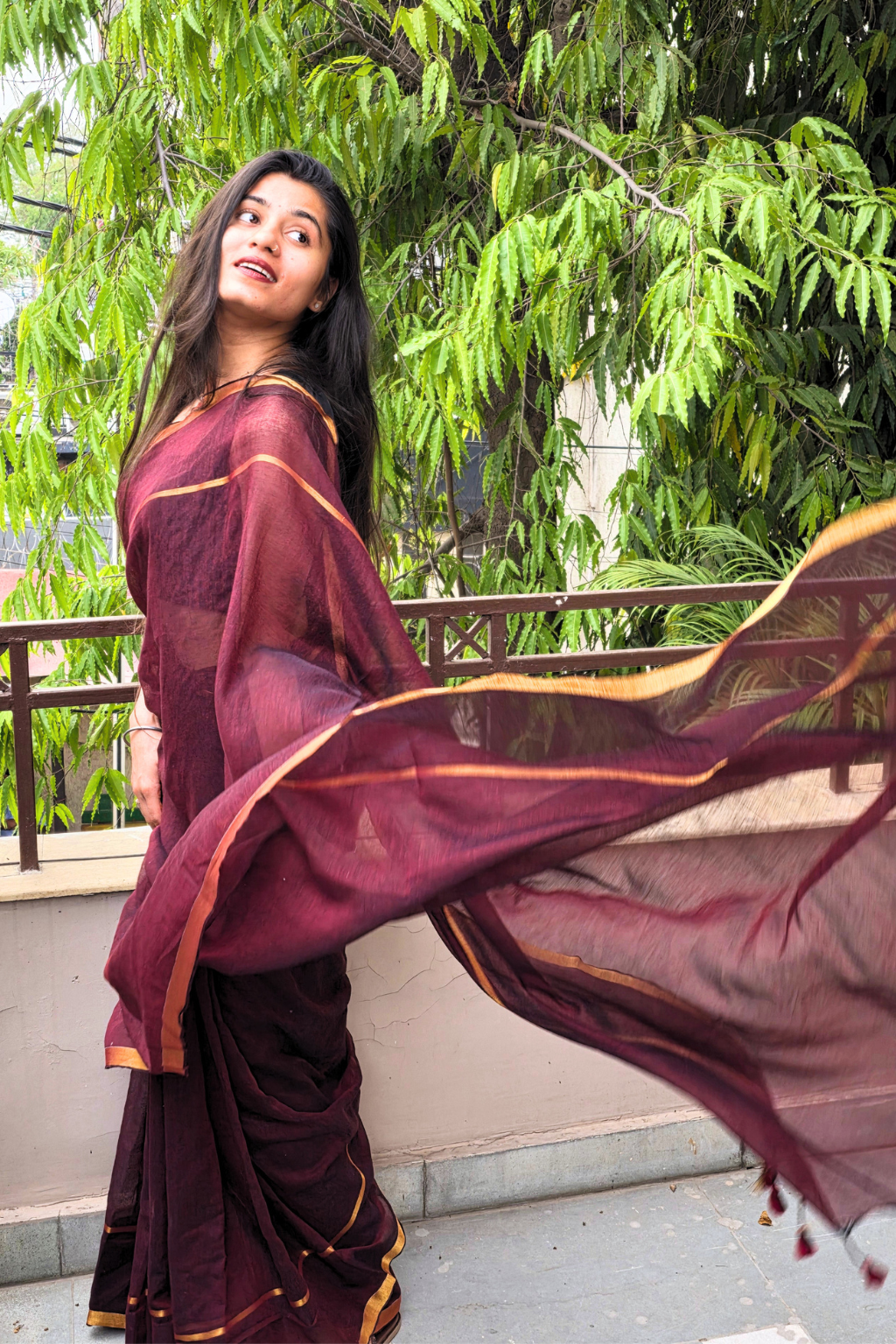 Meher - Deep Wine Mul Cotton Saree with Golden Zari Borders