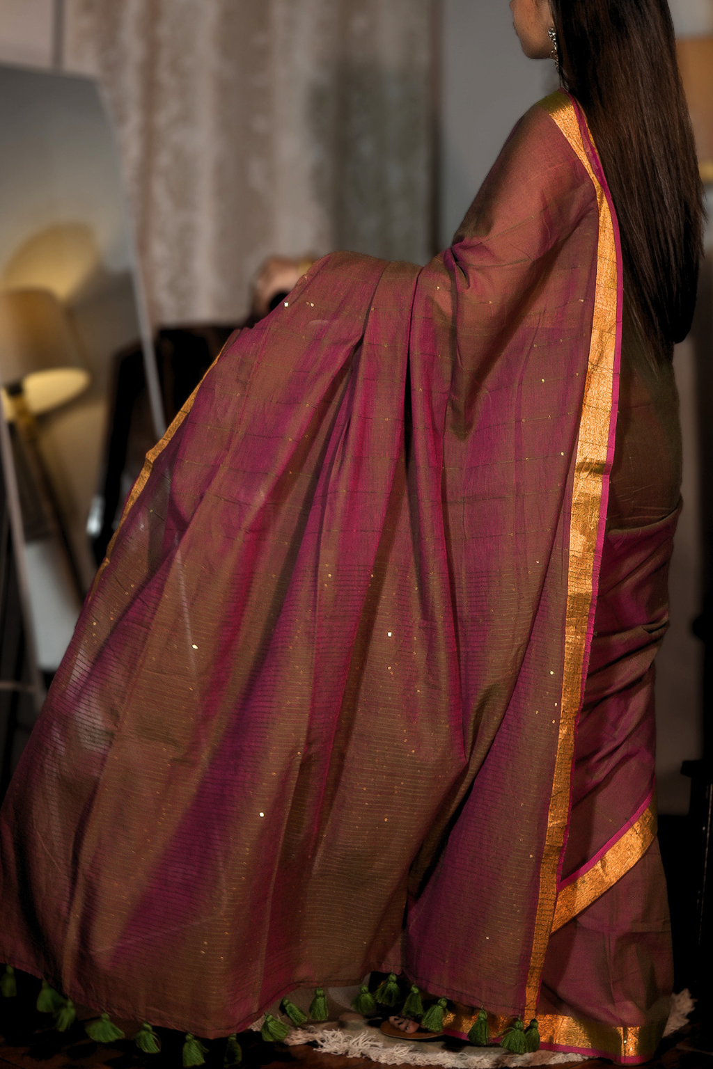 Kastoori Sitara - Deep Rust & Green Pure Mul Cotton Saree with Sequins and Zari Border