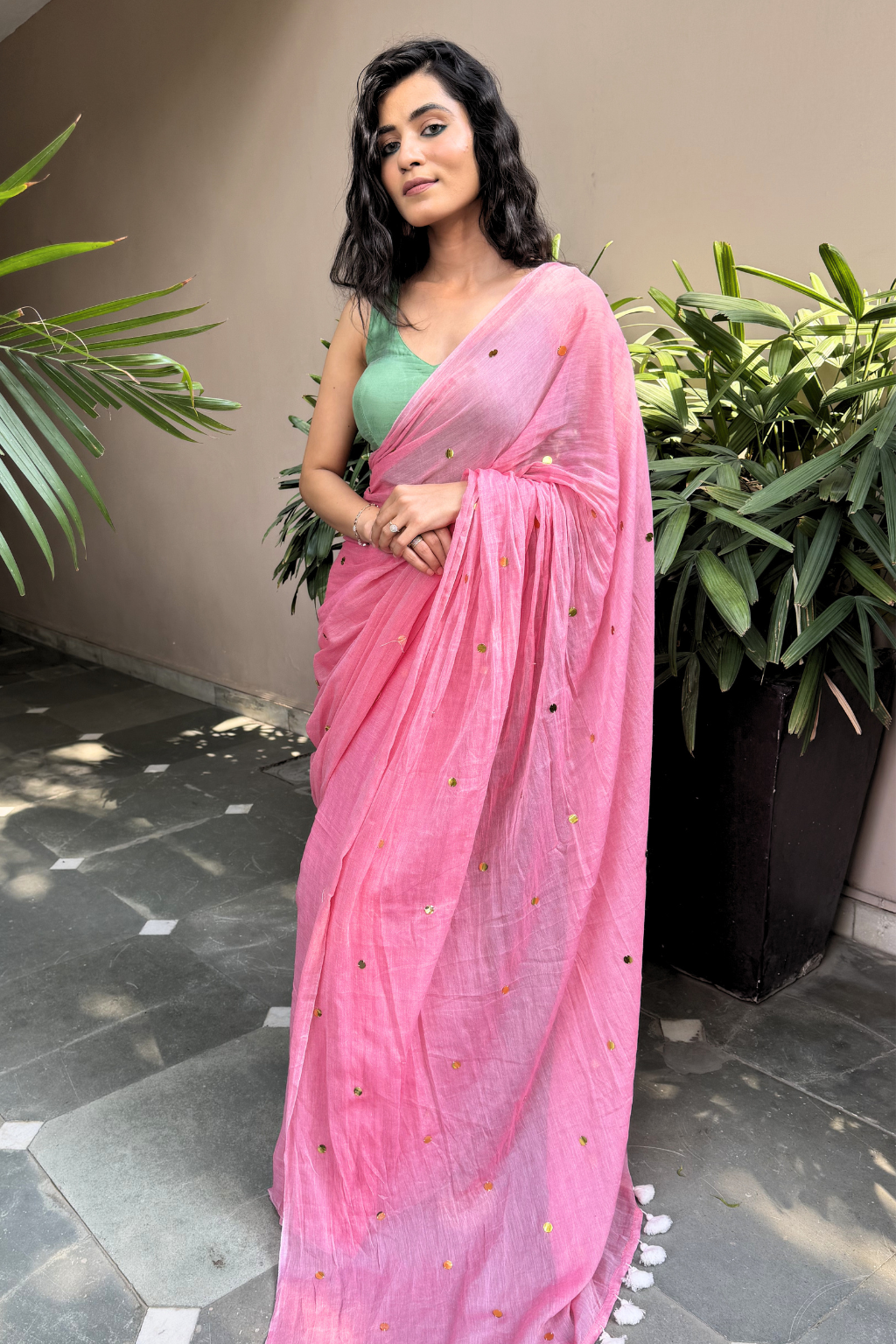 Srivalli - Blossom Pink Saree with Scattered Gold Sequins