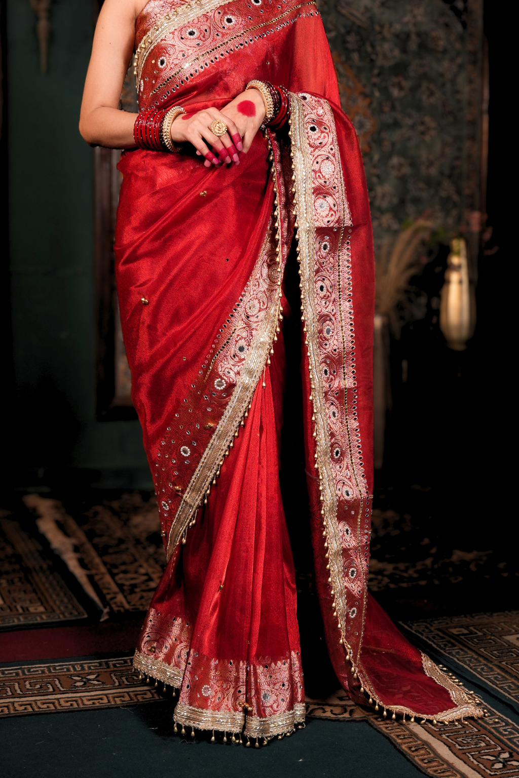 Surkh - Red Ghungroo Handcrafted Banarasi Tissue Saree with Mirror Work & Pearl Tassels