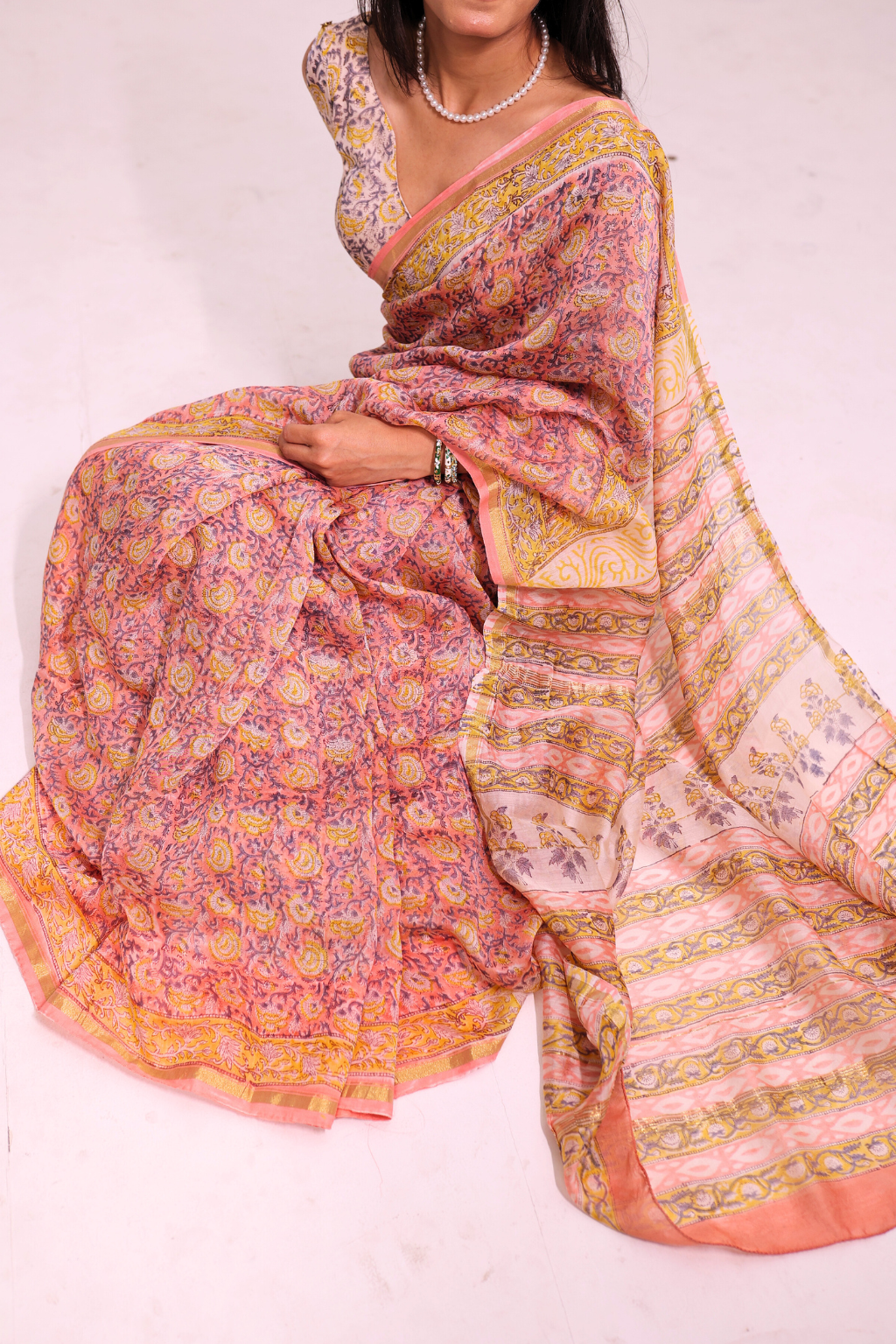 Hansika – Peach Chanderi Silk Saree with Pastel Floral Block Prints