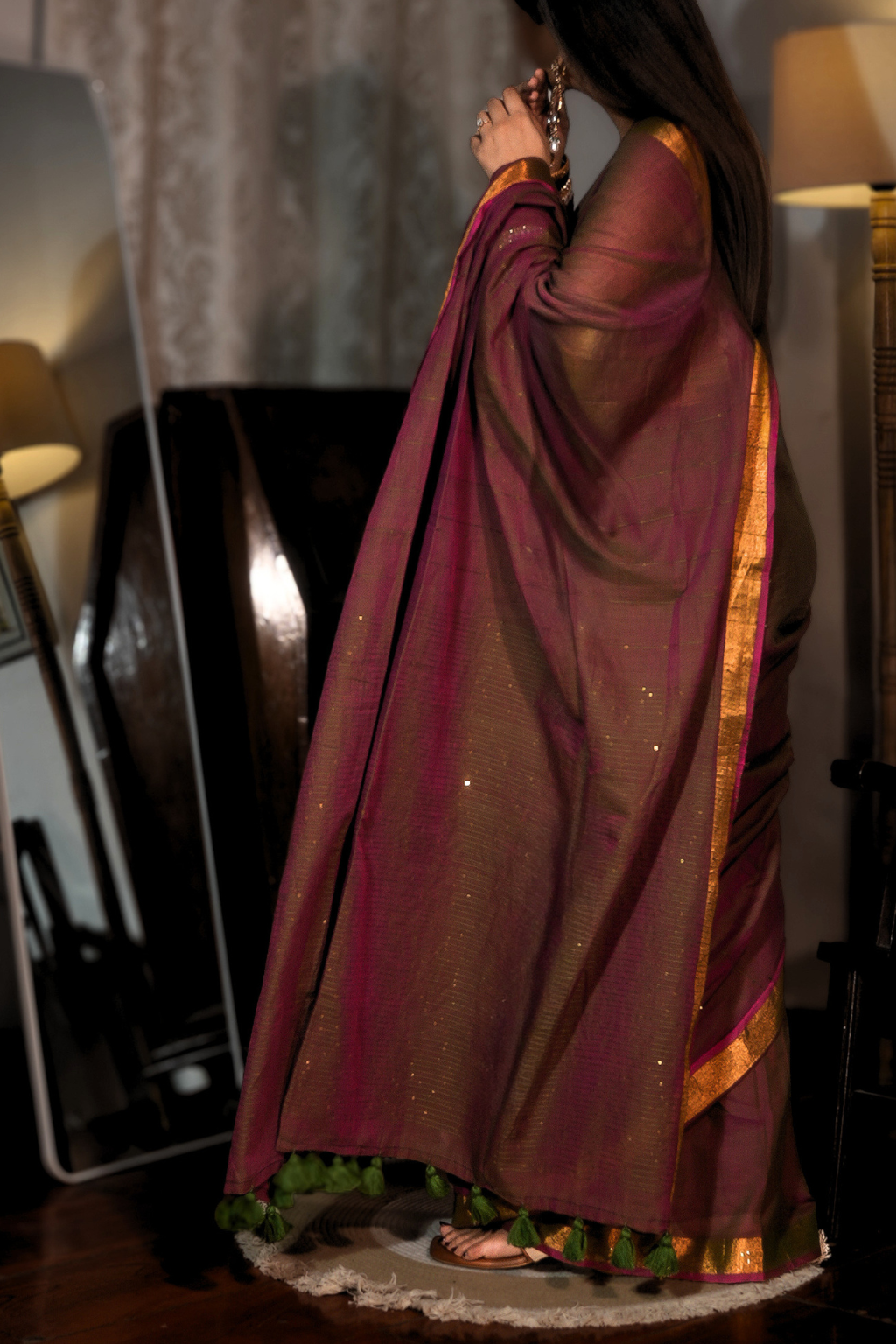 Kastoori Sitara - Deep Rust & Green Pure Mul Cotton Saree with Sequins and Zari Border