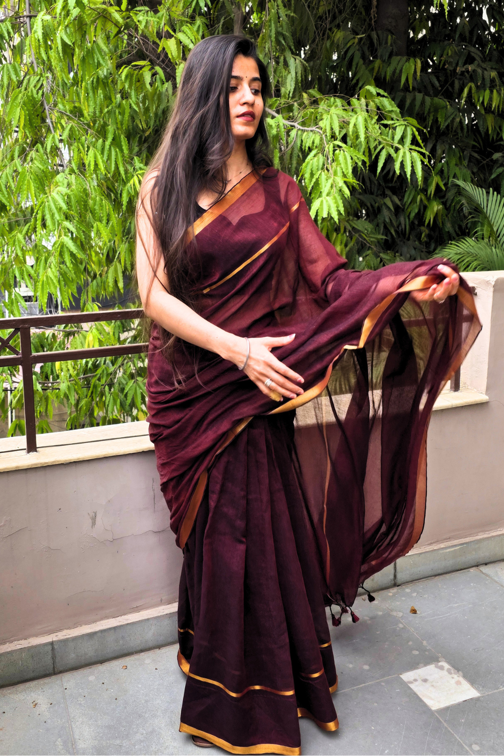 Meher - Deep Wine Mul Cotton Saree with Golden Zari Borders