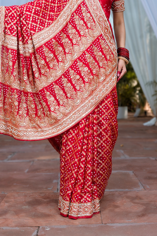 Riddhi - Traditional Red Handcrafted Bandhani Saree with Heavy Cut-Dana & Sequin Handwork