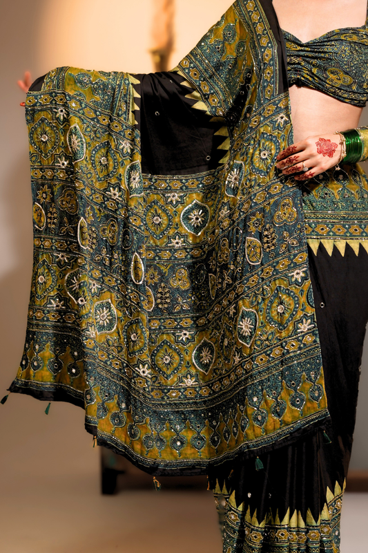 Sheesh Heena - Handcrafted Ajrakh Saree with Real Mirror, Sequin & Cut-Dana Work