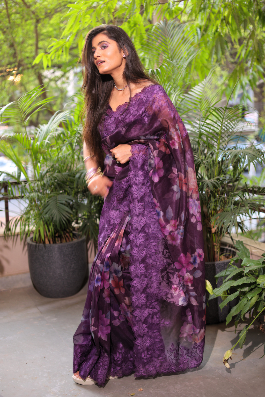 Gul-e-Bahar - Deep Purple Floral Kora Organza Saree with Scalloped Embroidery