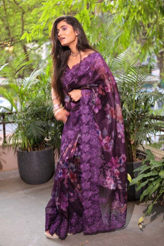 Gul-e-Bahar - Deep Purple Floral Kora Organza Saree with Scalloped Embroidery