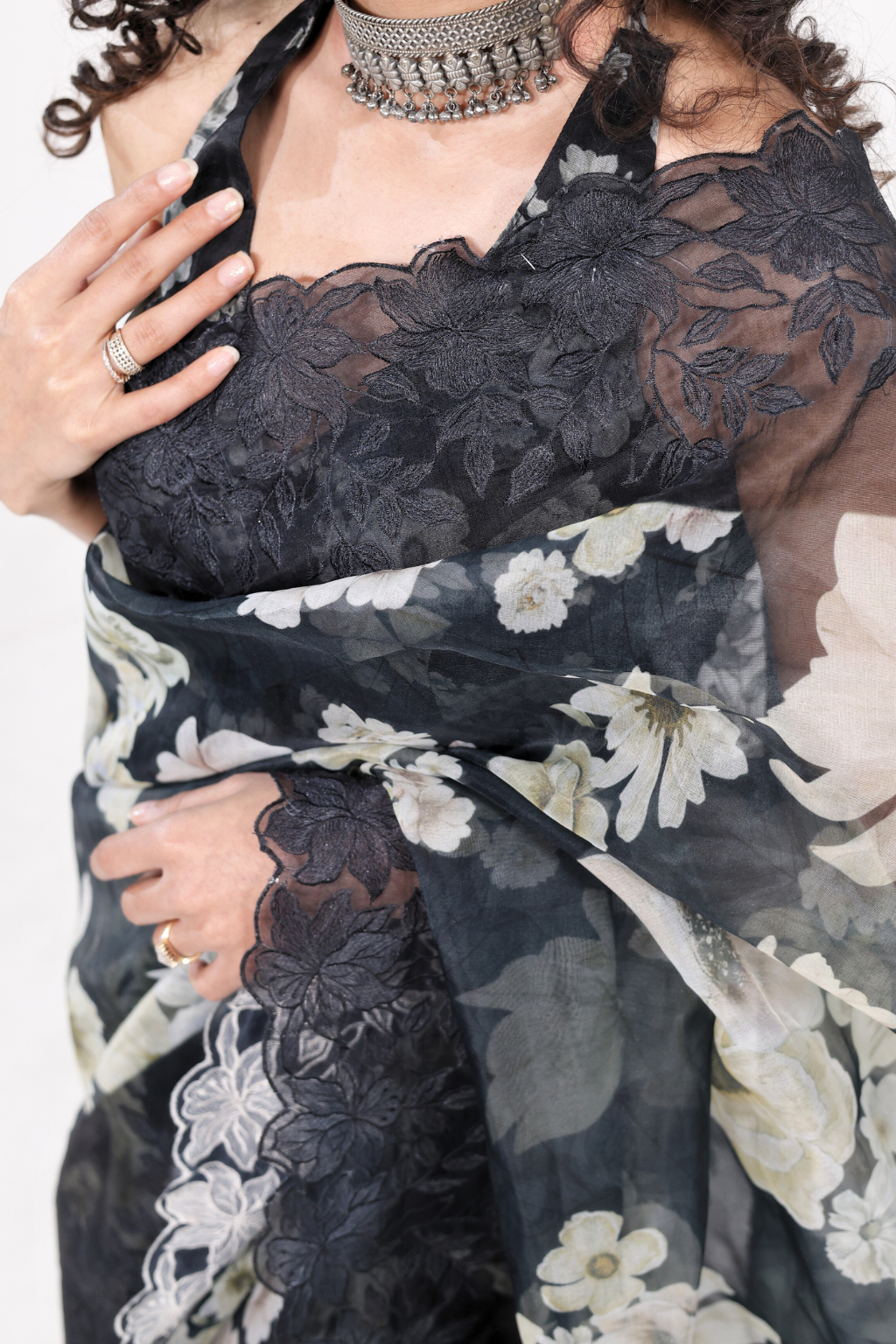 Nargis - Black Floral Kora Organza Saree with Scalloped Embroidery
