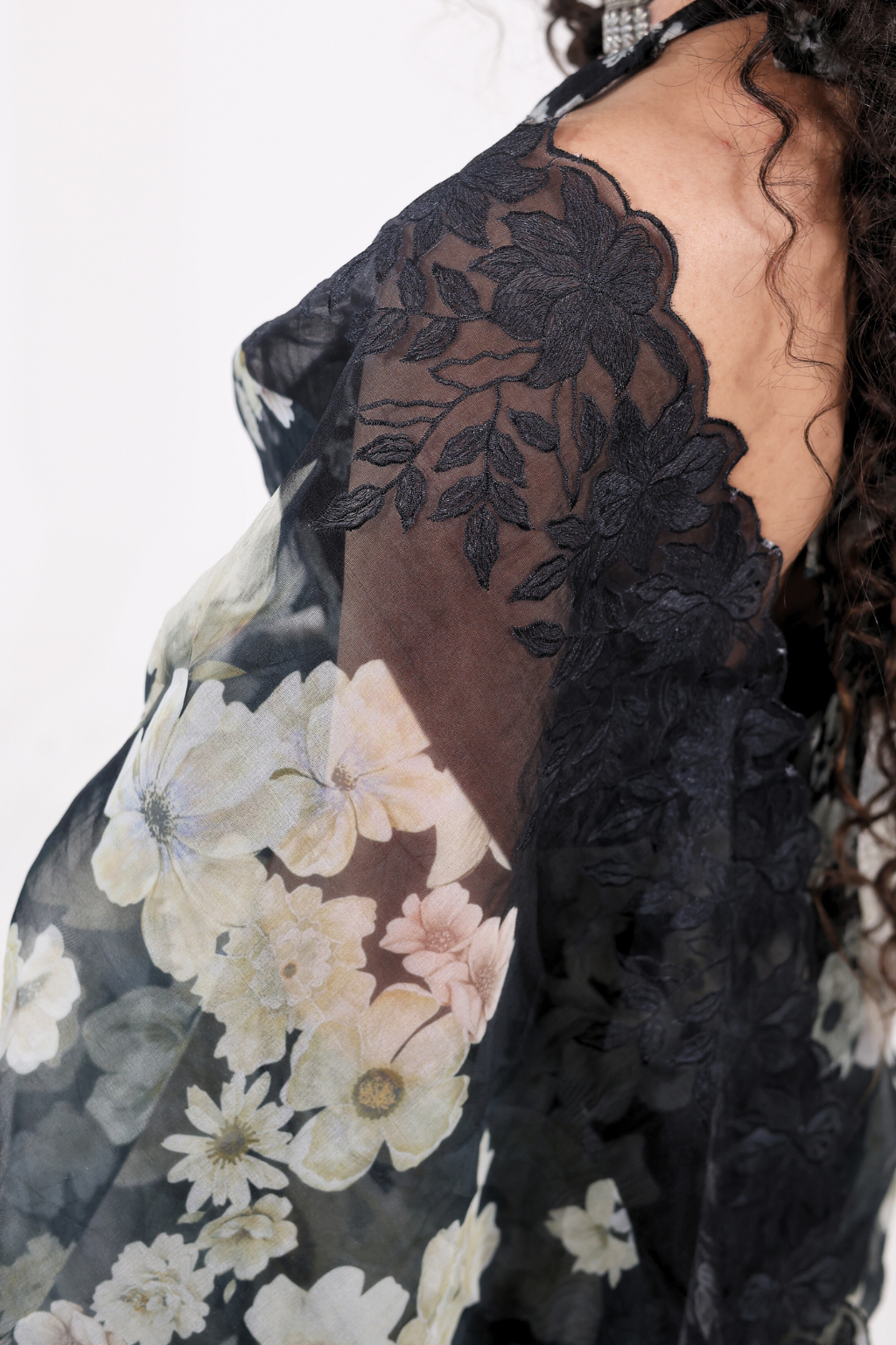 Nargis - Black Floral Kora Organza Saree with Scalloped Embroidery