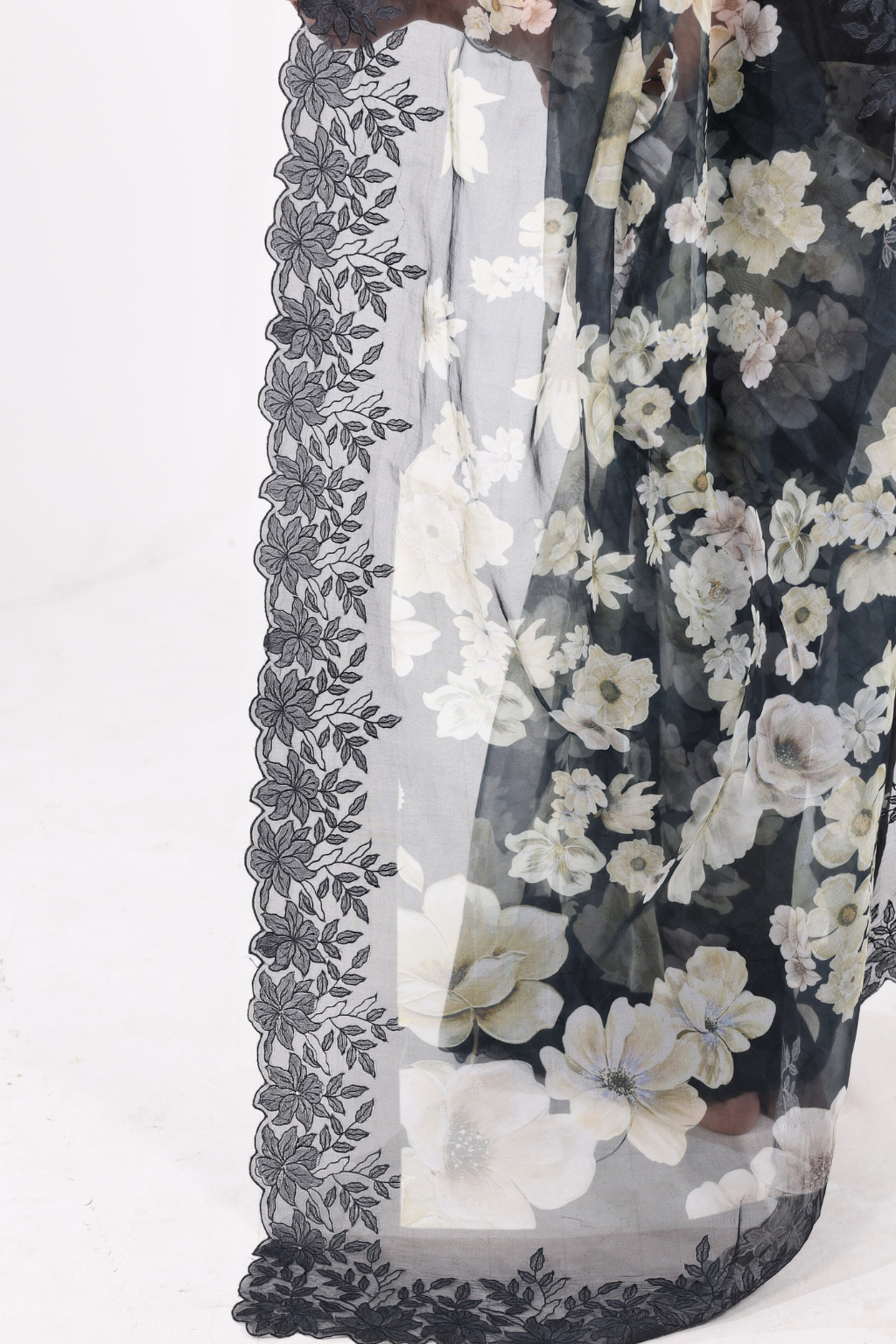 Nargis - Black Floral Kora Organza Saree with Scalloped Embroidery