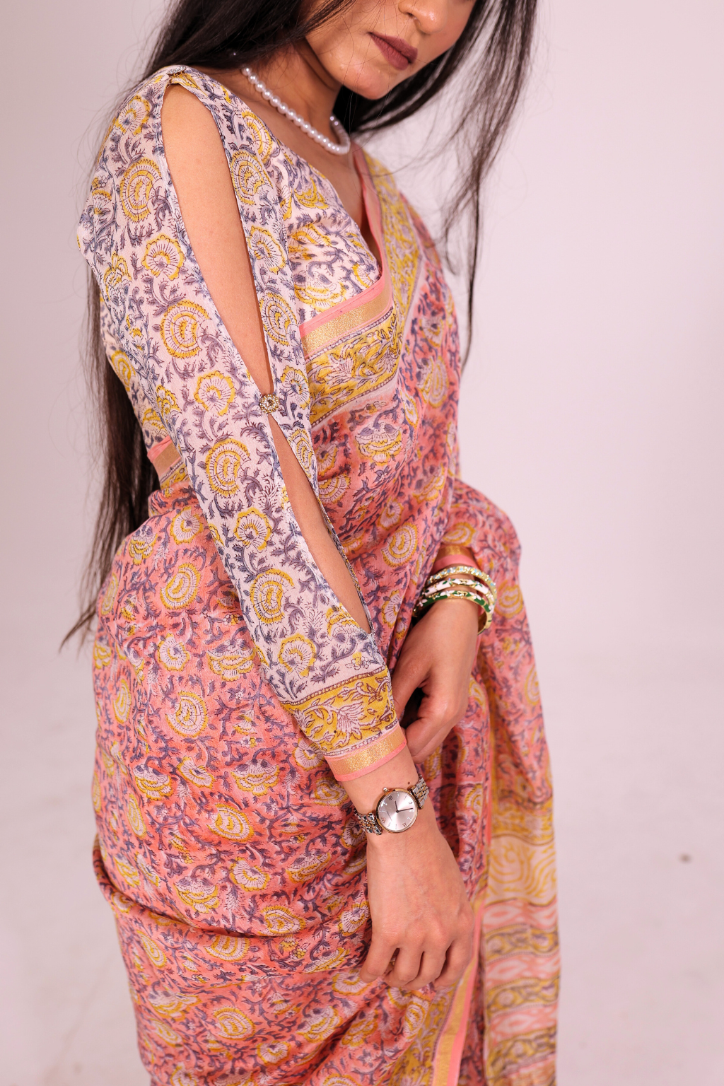 Hansika – Peach Chanderi Silk Saree with Pastel Floral Block Prints