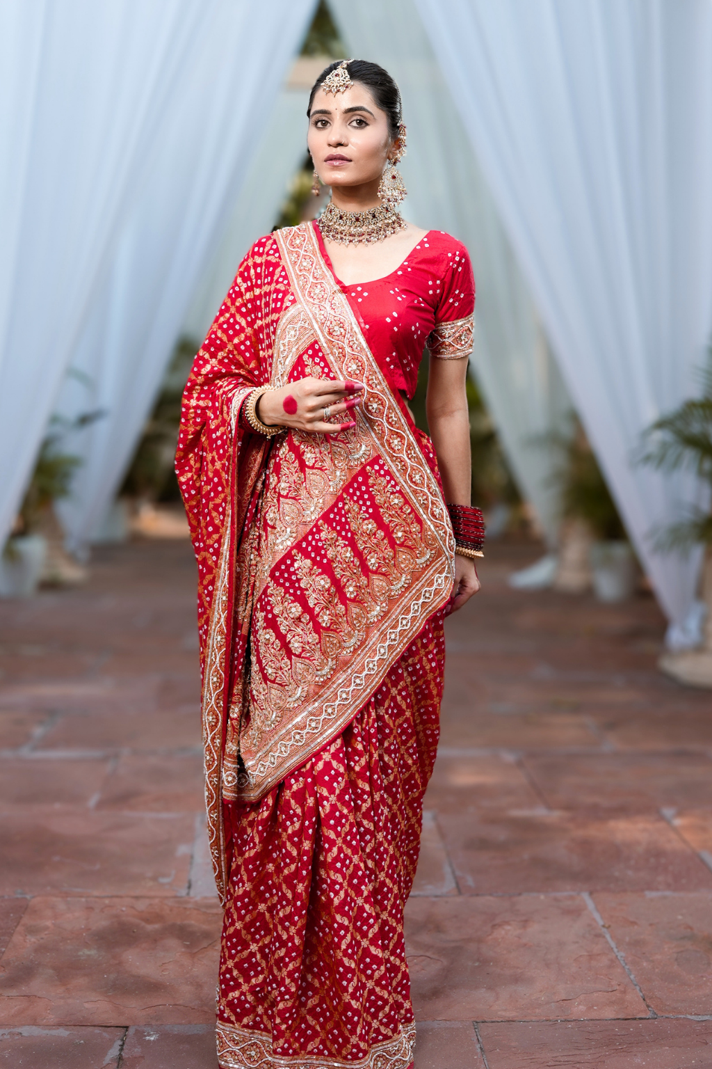 Riddhi - Traditional Red Handcrafted Bandhani Saree with Heavy Cut-Dana & Sequin Handwork