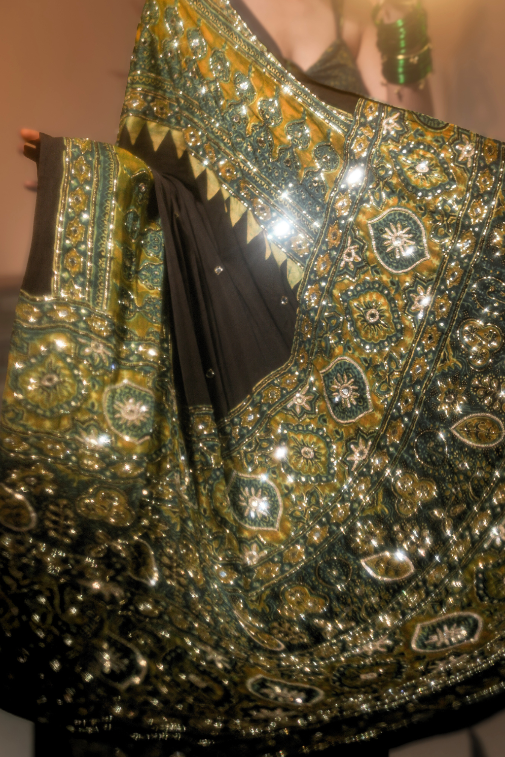 Heena - Handcrafted Ajrakh Saree with Real Mirror, Sequin & Cut-Dana Work