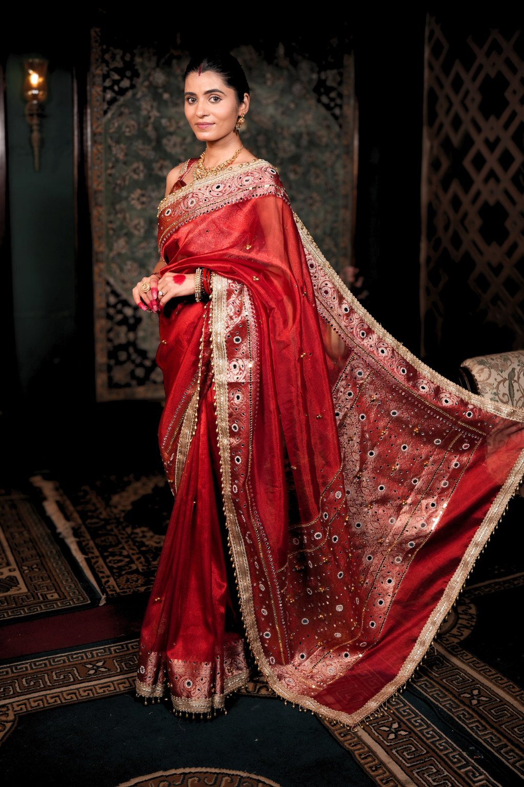 Surkh - Red Ghungroo Handcrafted Banarasi Tissue Saree with Mirror Work & Pearl Tassels