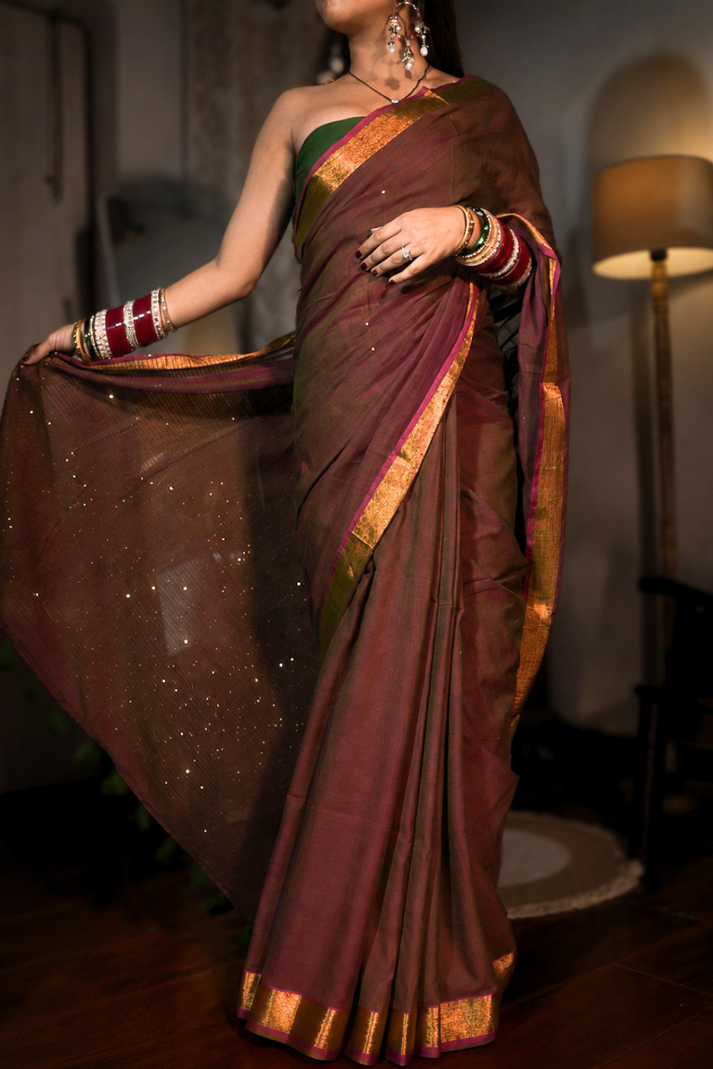 Kastoori Sitara - Deep Rust & Green Pure Mul Cotton Saree with Sequins and Zari Border