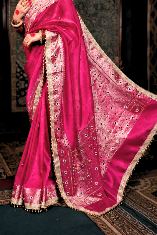 Gulaal - Pink Ghungroo Handcrafted Banarasi Tissue Saree with Mirror Work & Pearl Tassels