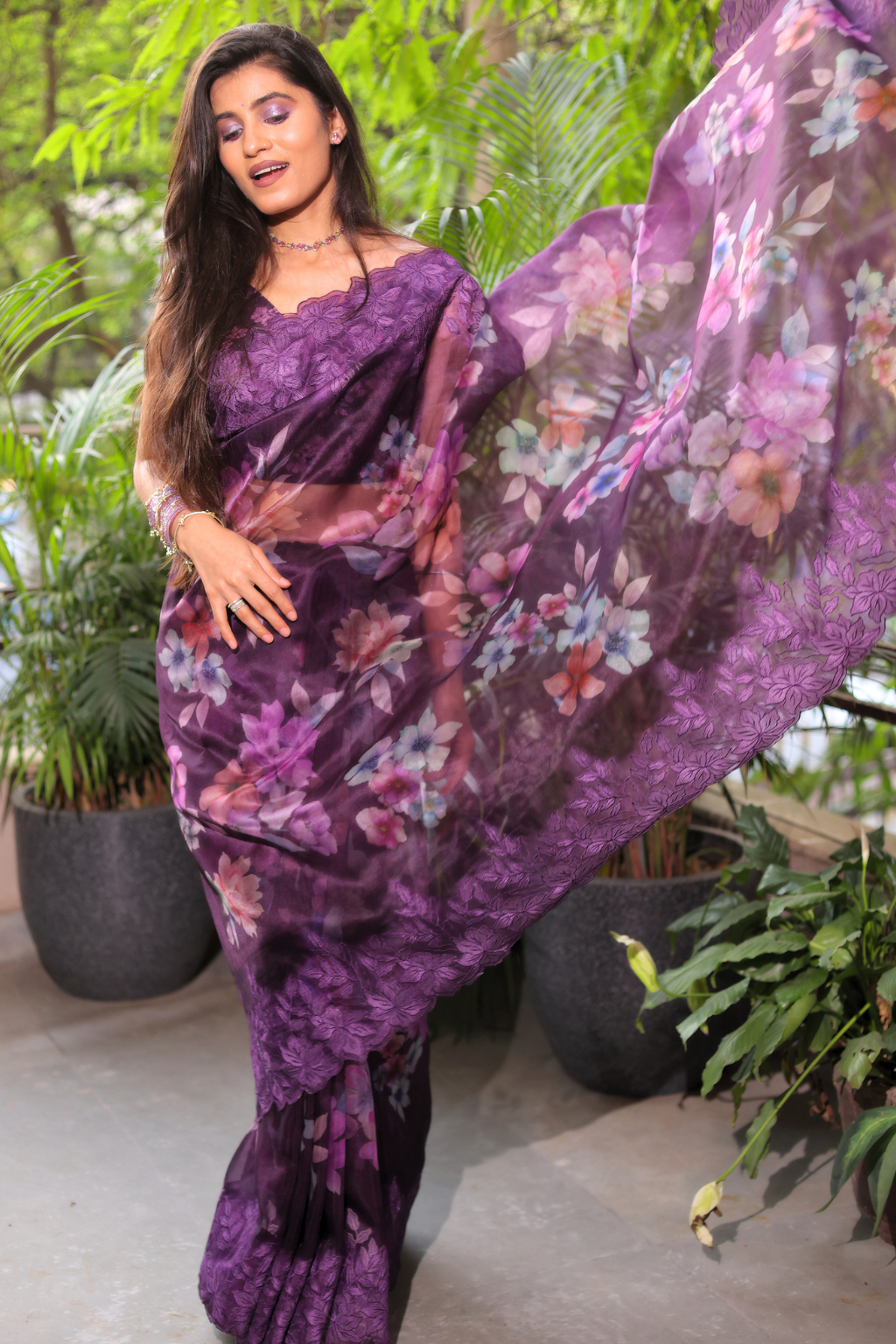 Gul-e-Bahar - Deep Purple Floral Kora Organza Saree with Scalloped Embroidery