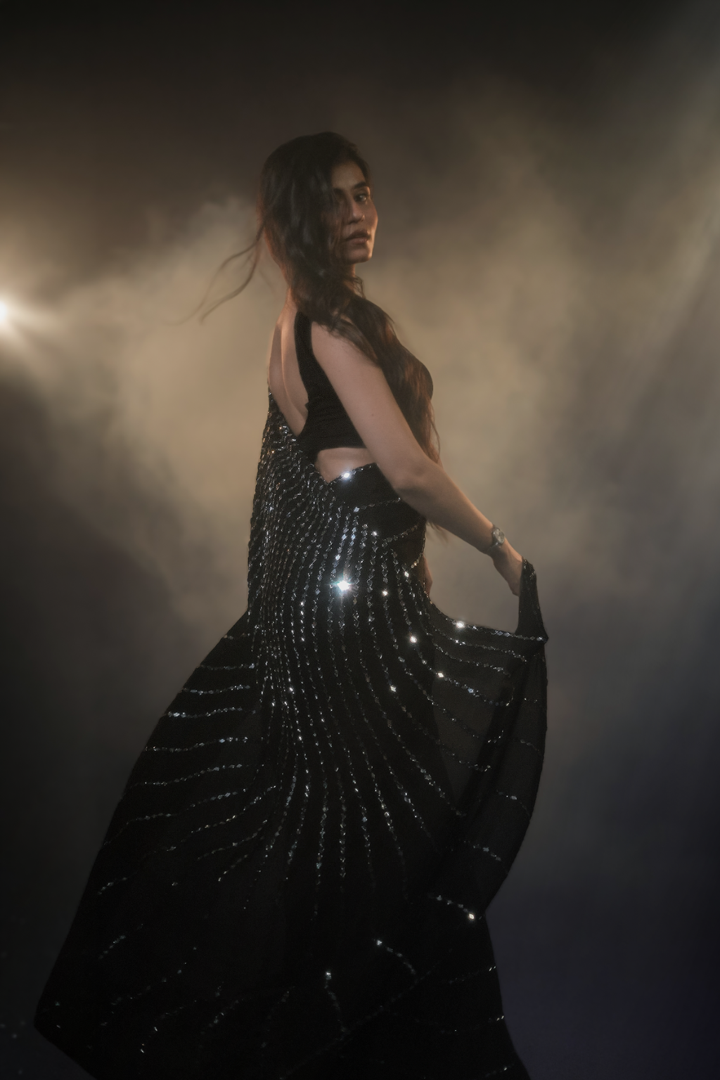 Aaina - Jet Black Chinon Saree with Real Handcrafted Mirror Work