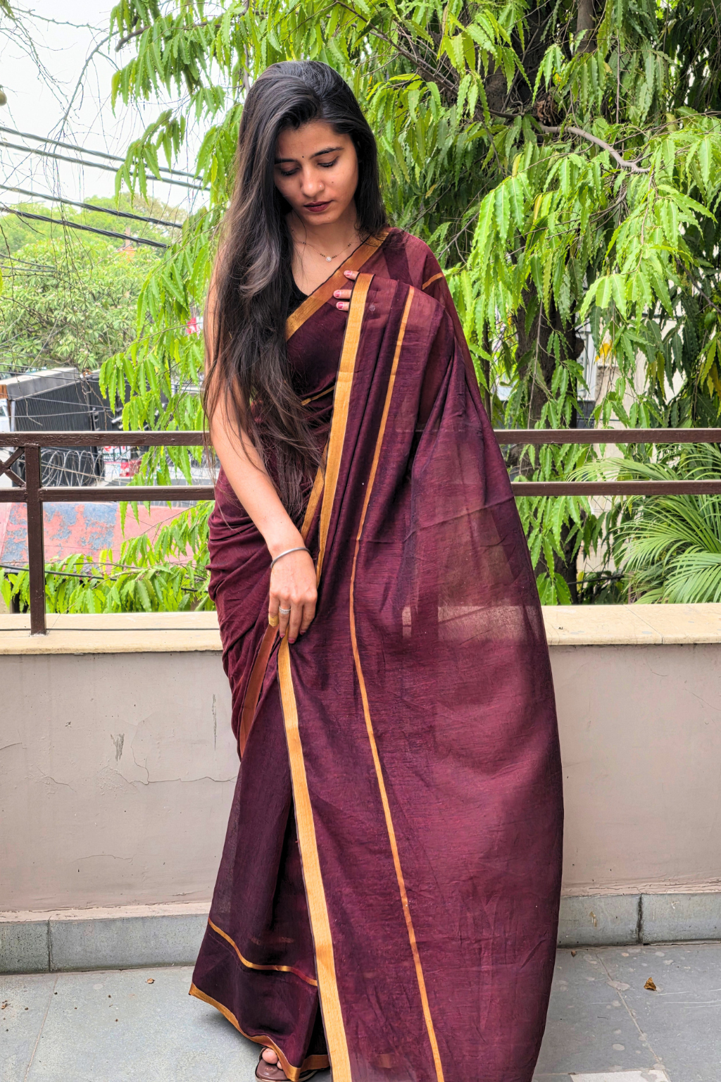 Meher - Deep Wine Mul Cotton Saree with Golden Zari Borders