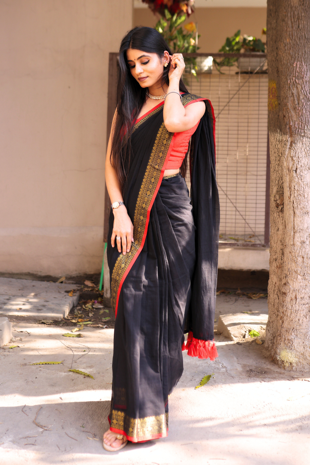Nisha - Midnight Black Mul Cotton Saree