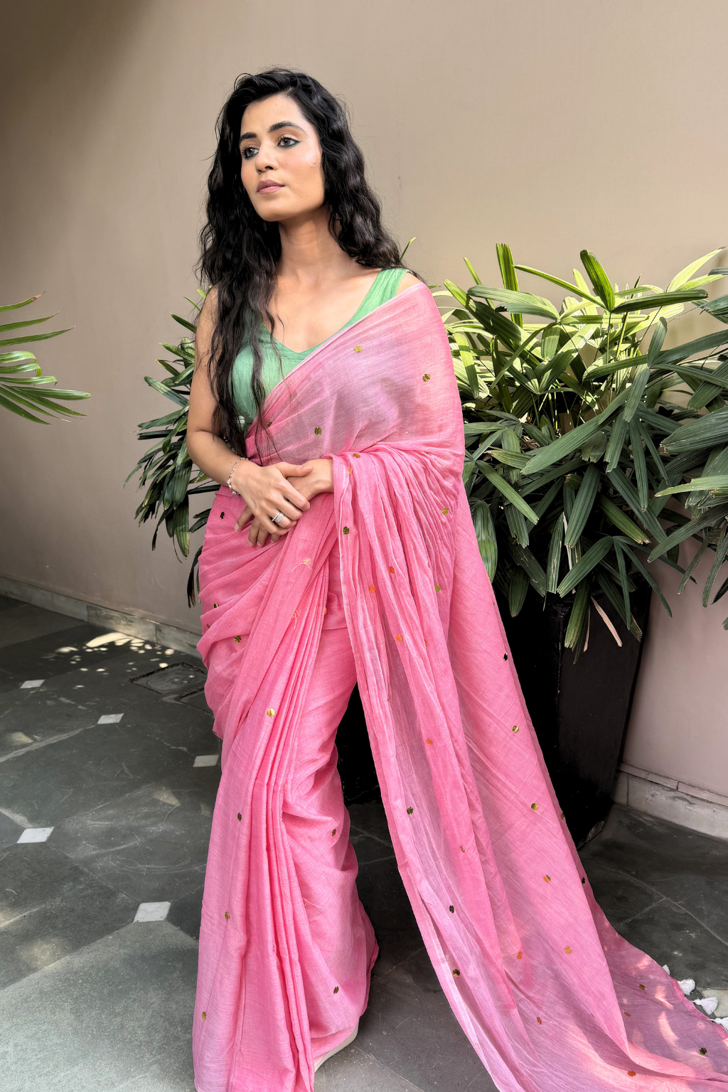 Srivalli - Blossom Pink Saree with Scattered Gold Sequins