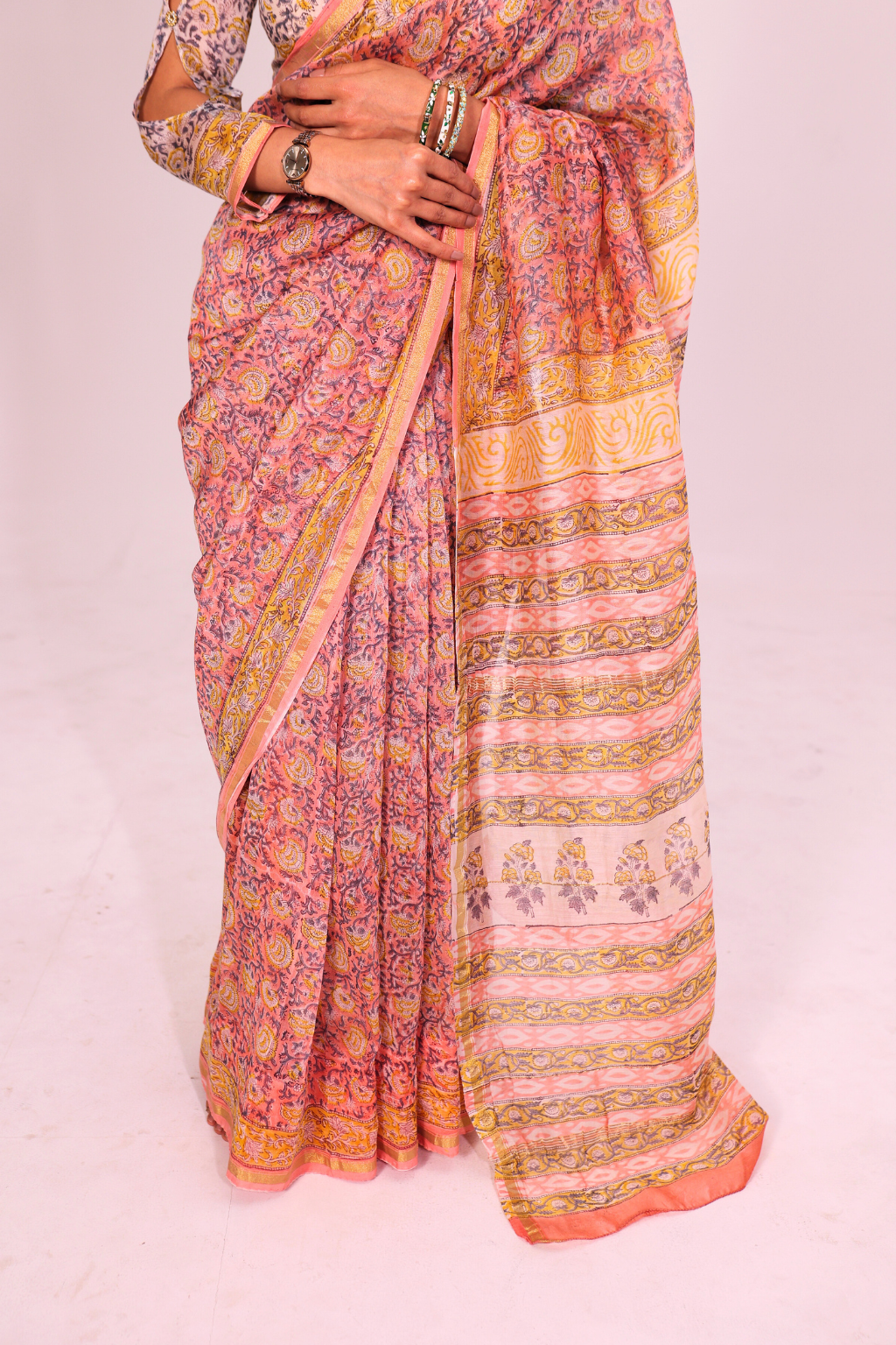 Hansika – Peach Chanderi Silk Saree with Pastel Floral Block Prints