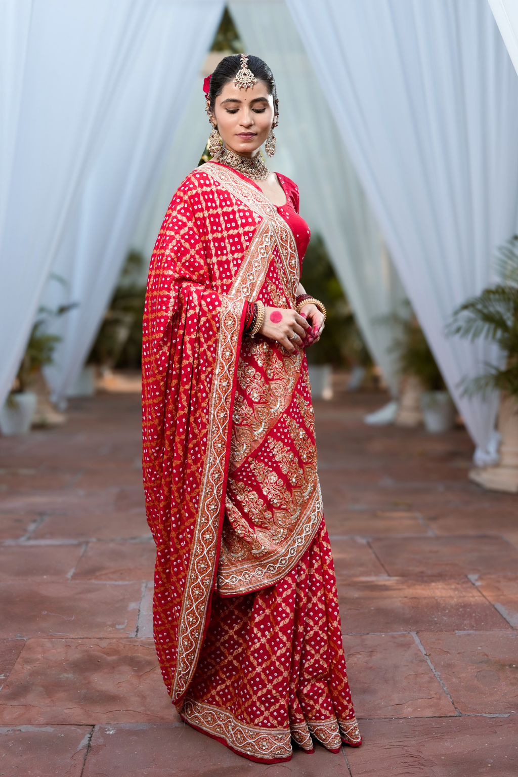 Riddhi - Traditional Red Handcrafted Bandhani Saree with Heavy Cut-Dana & Sequin Handwork