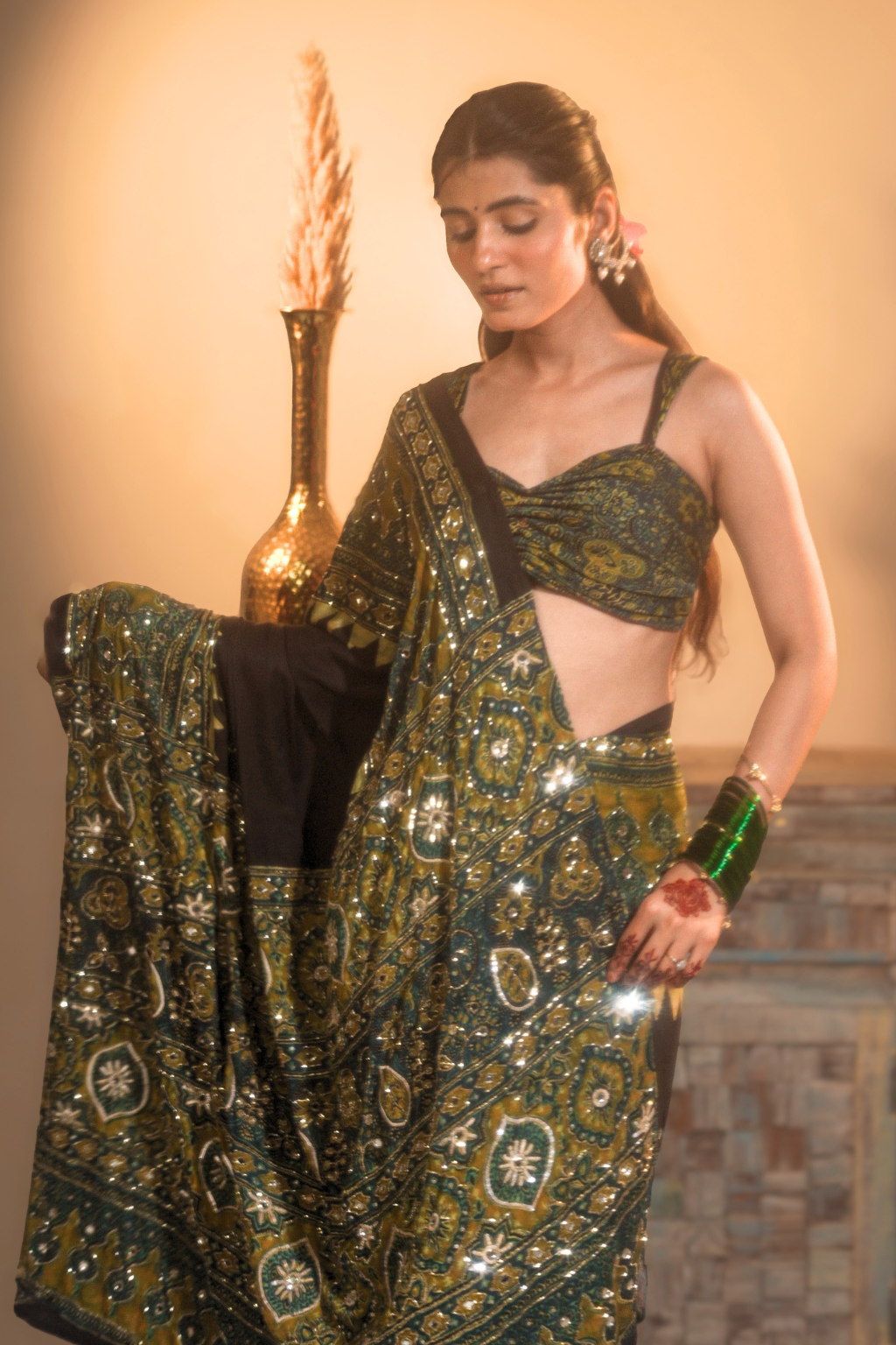 Heena - Handcrafted Ajrakh Saree with Real Mirror, Sequin & Cut-Dana Work