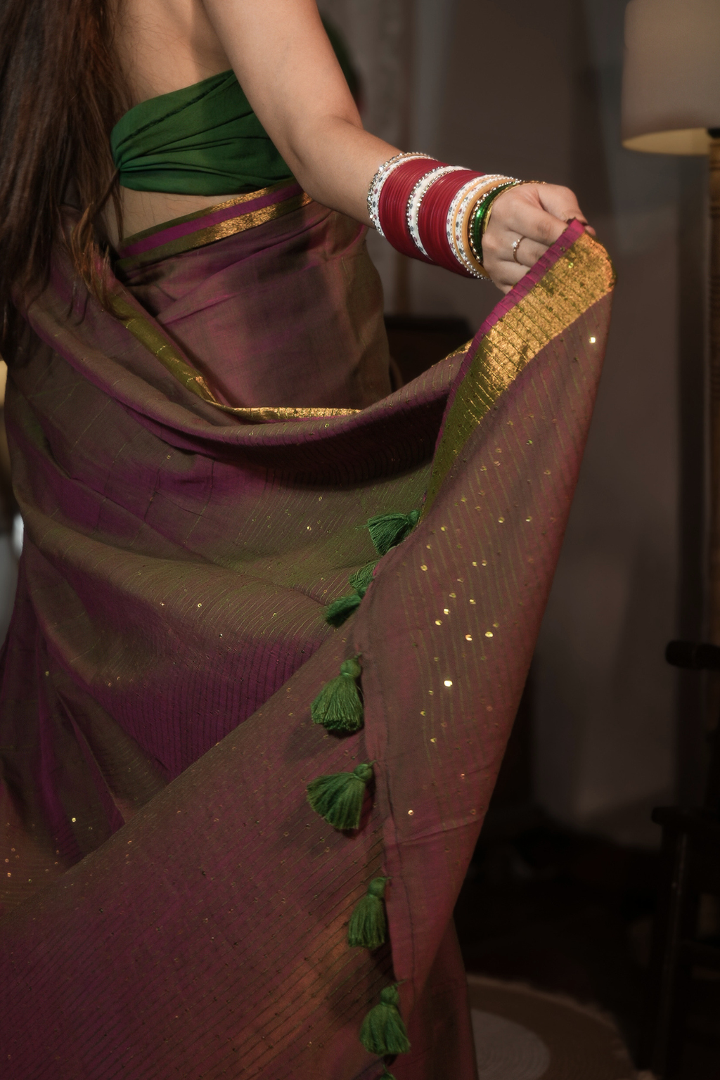 Kastoori Sitara - Deep Rust & Green Pure Mul Cotton Saree with Sequins and Zari Border