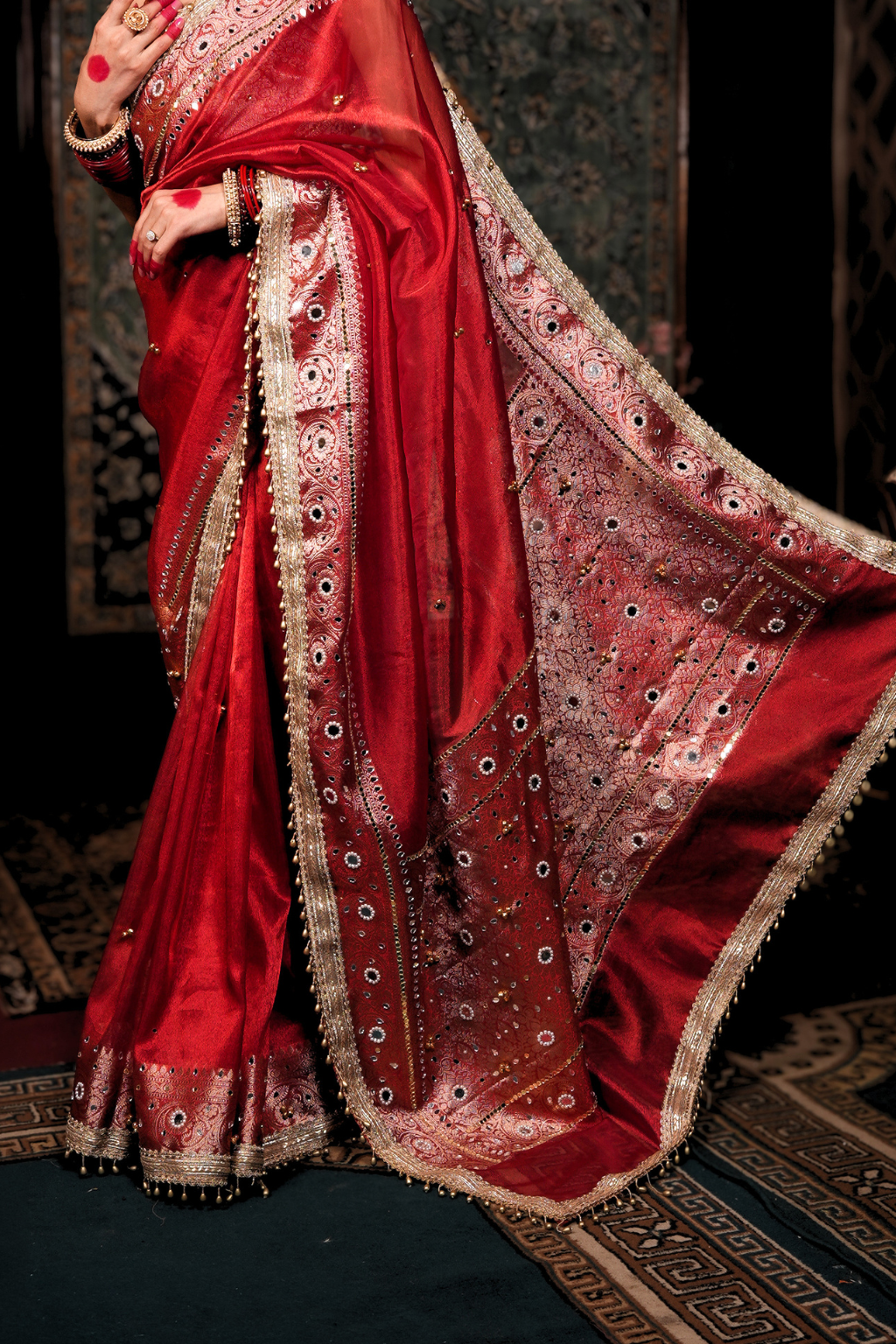 Surkh - Red Ghungroo Handcrafted Banarasi Tissue Saree with Mirror Work & Pearl Tassels