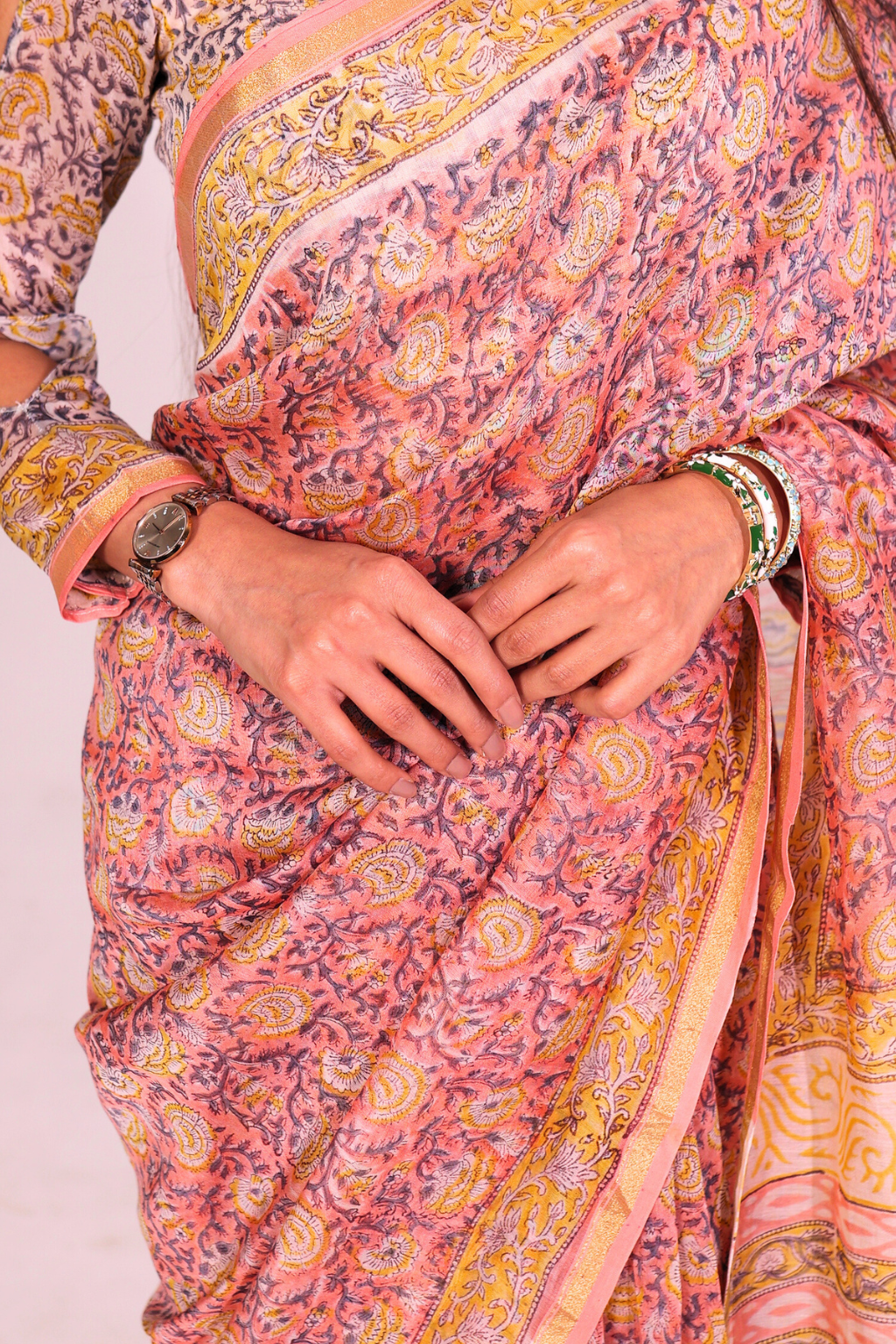 Hansika – Peach Chanderi Silk Saree with Pastel Floral Block Prints