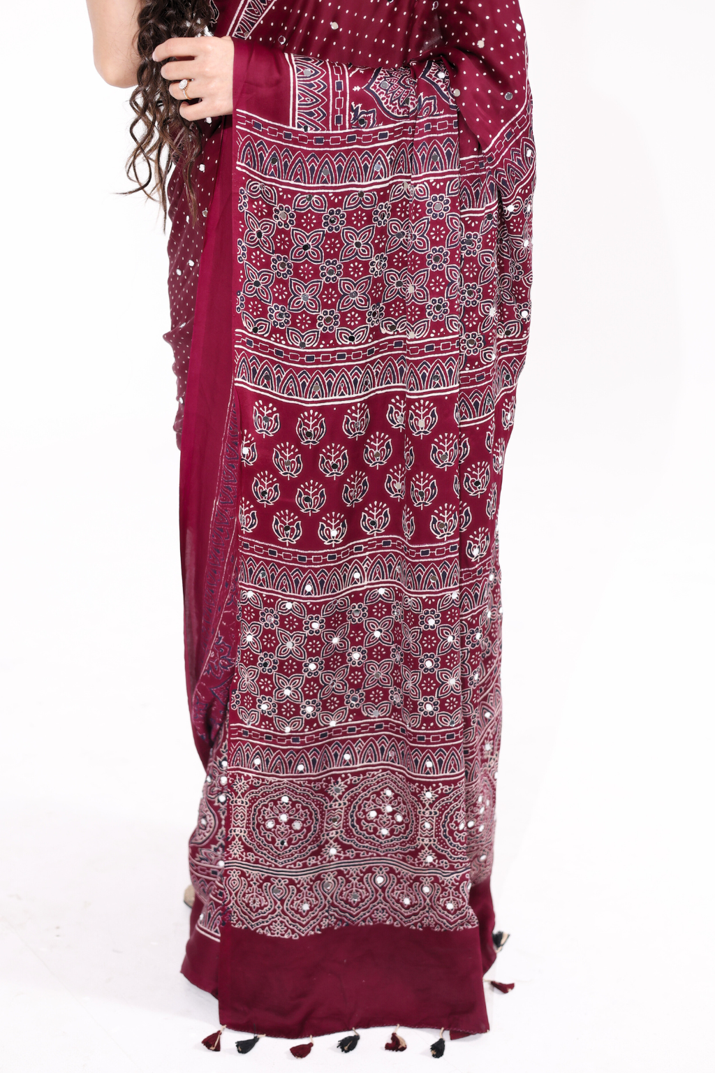Sheesh Noor - Deep Wine Ajrakh Modal Silk Saree with 2000 Hand-Set Mirrors