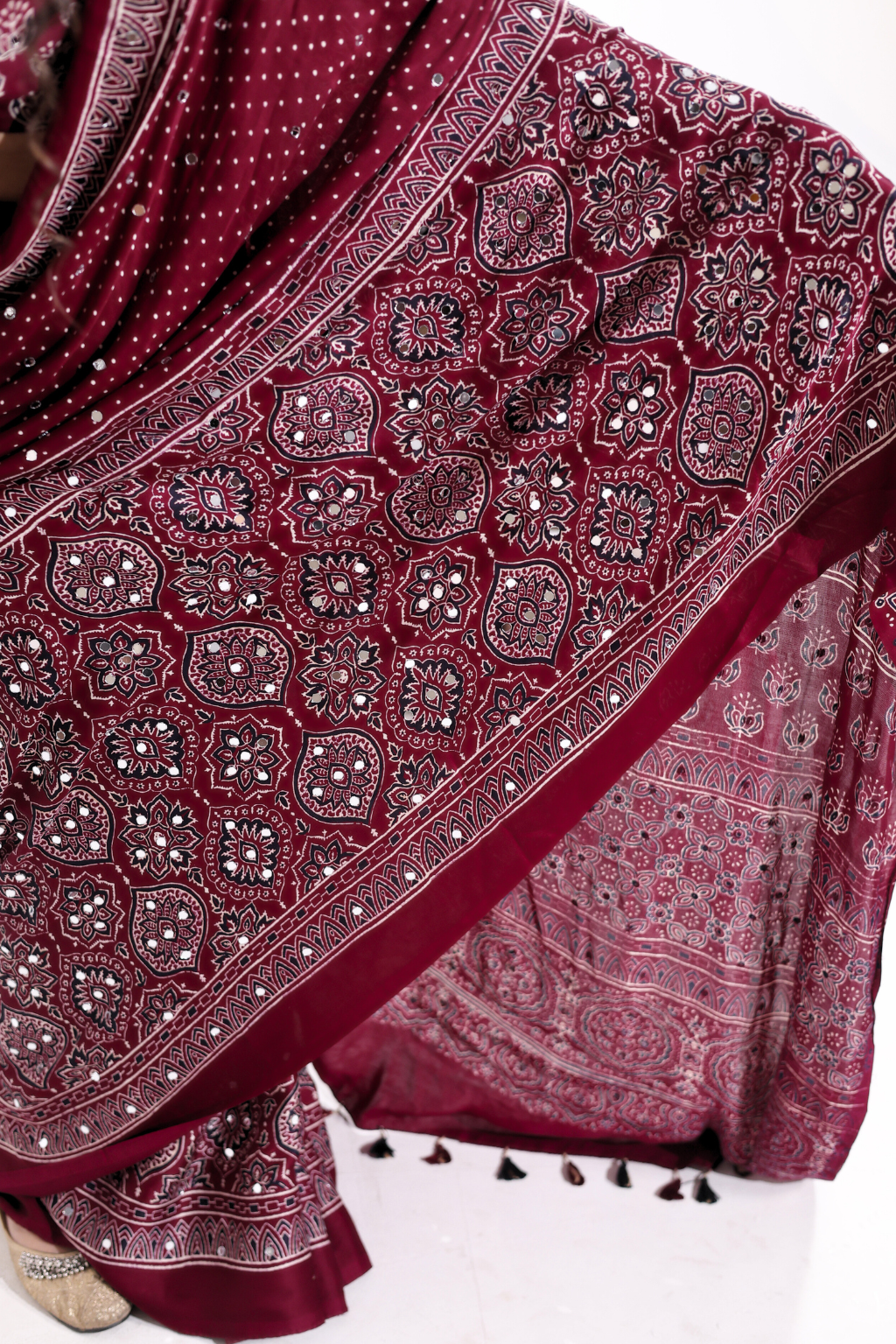 Sheesh Noor - Deep Wine Ajrakh Modal Silk Saree with 2000 Hand-Set Mirrors