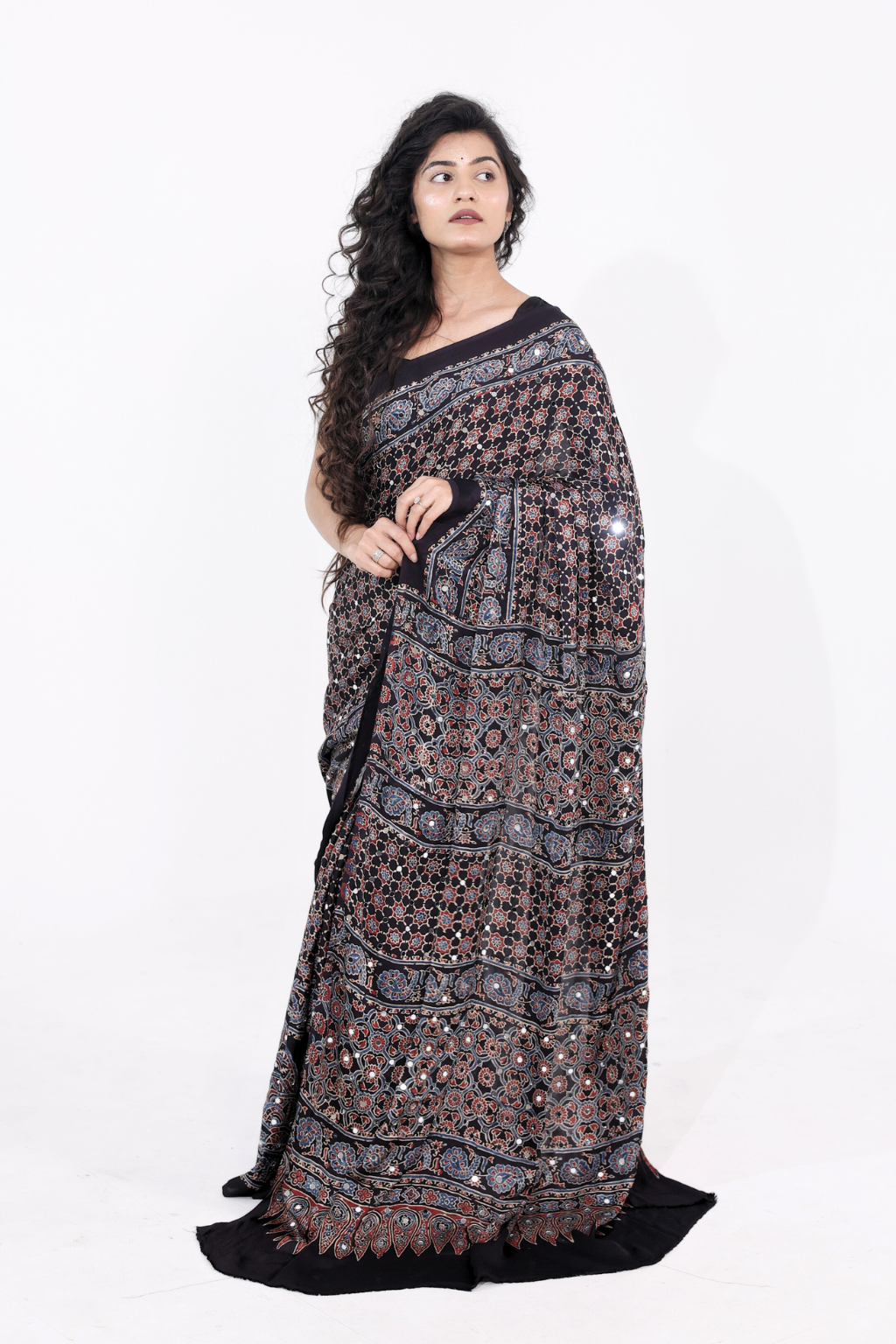 Sheesh Sanam - Charcoal Ajrakh Modal Silk Saree with 2000 Hand-Set Mirrors