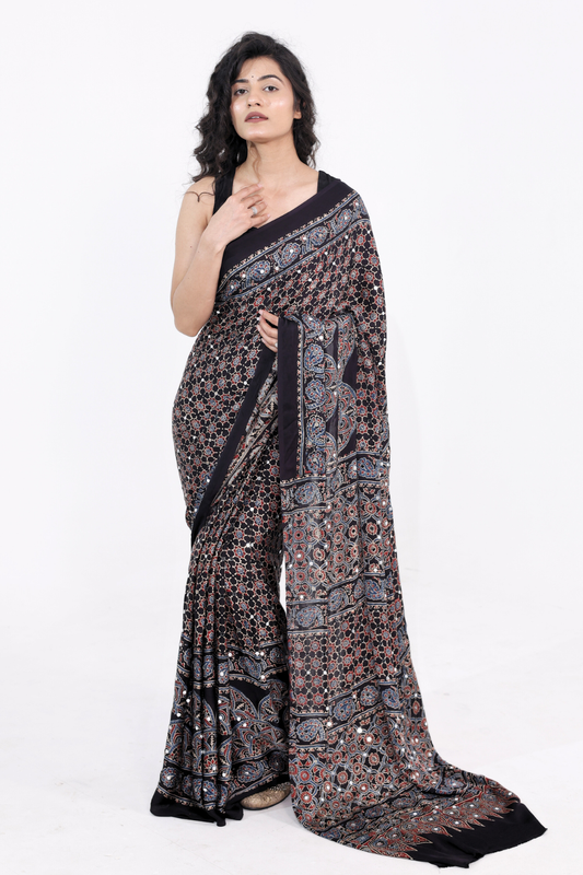 Sheesh Sanam - Charcoal Ajrakh Modal Silk Saree with 2000 Hand-Set Mirrors