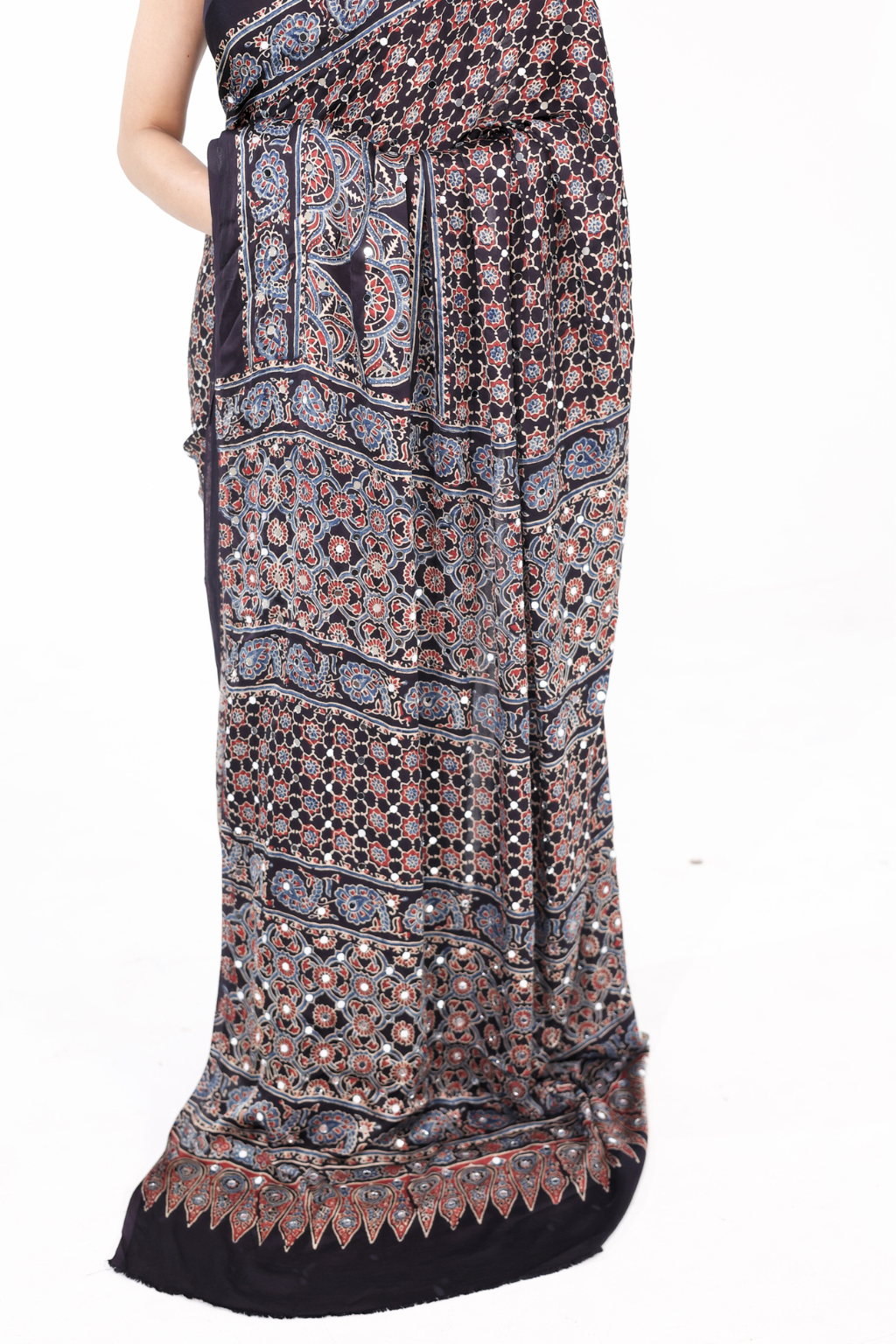 Sheesh Sanam - Charcoal Ajrakh Modal Silk Saree with 2000 Hand-Set Mirrors